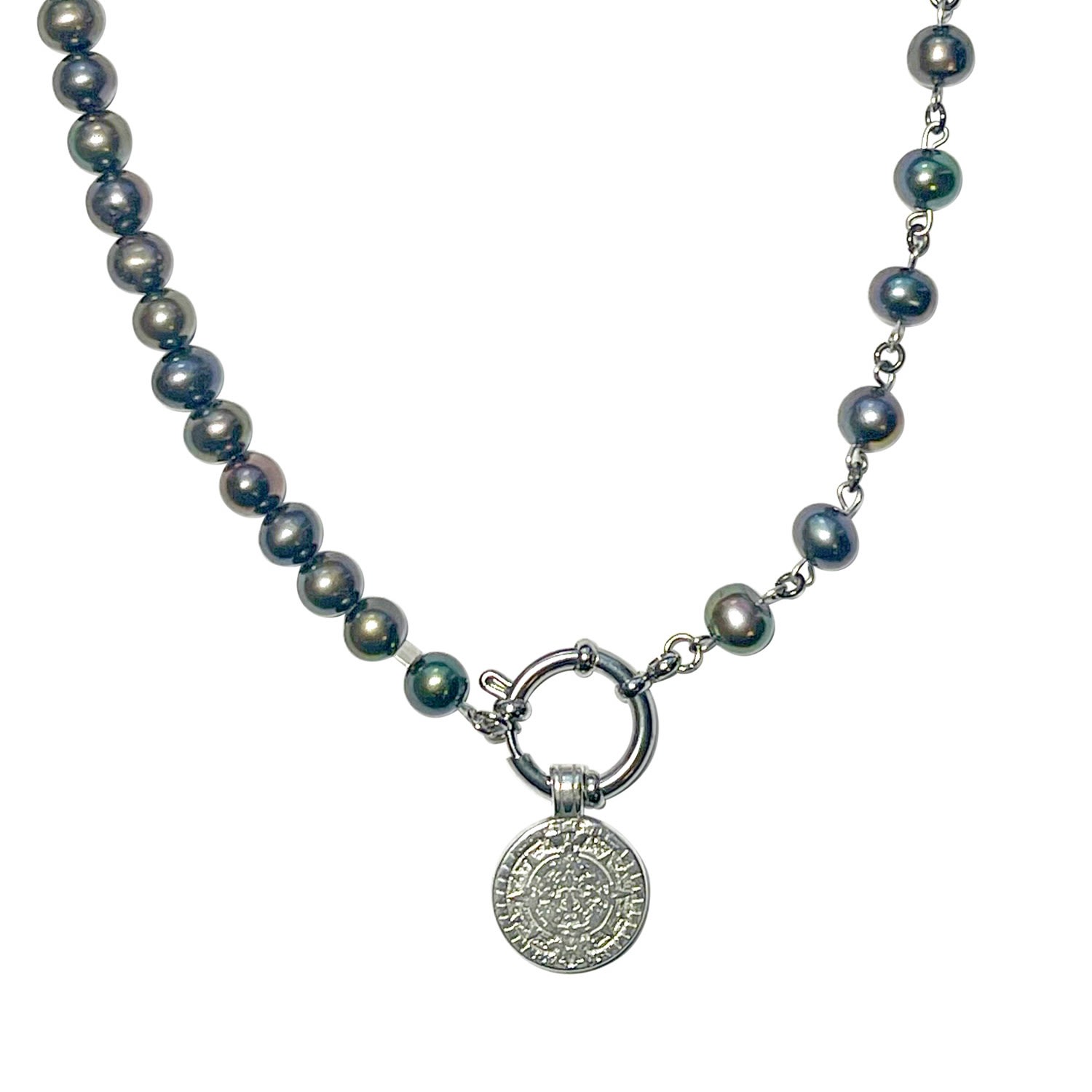 Women’s Silver Pearl Coin Clasp Necklace Mhart