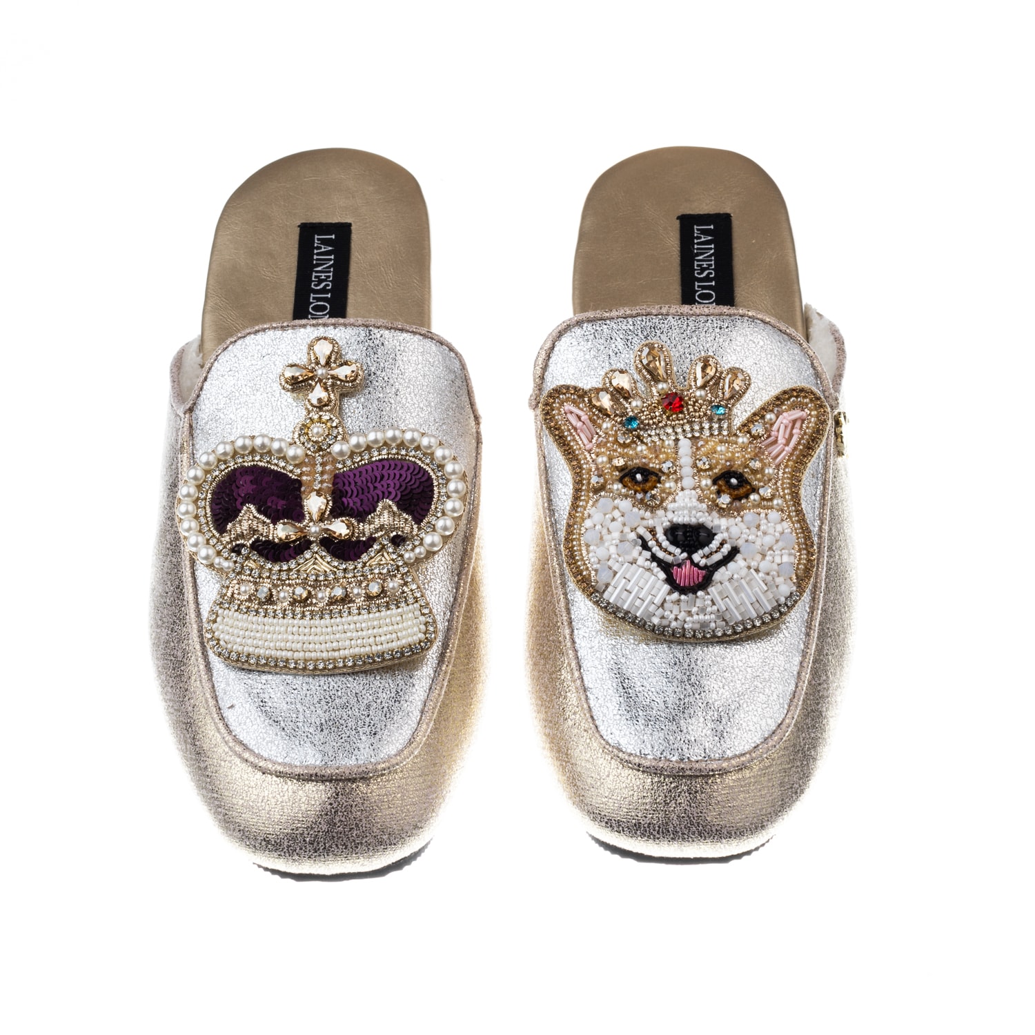 Laines London Women's Silver / Gold Classic Mules With Sandy The Corgi & Crown Brooches - Silver & Gold In Gold/silver