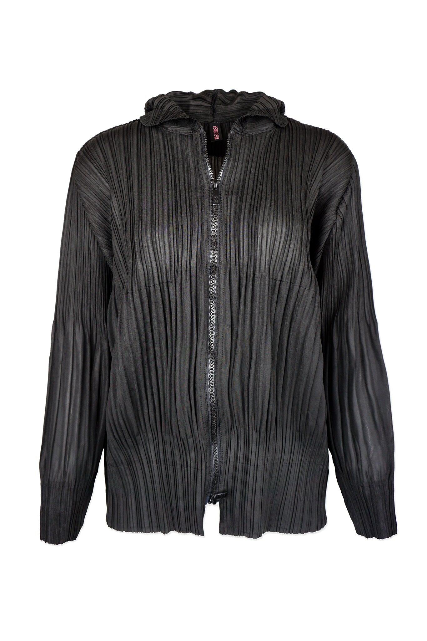 Wild Cosmos Women's Vanessa Zip Up Hooded Plissé Satin Jacket - Black