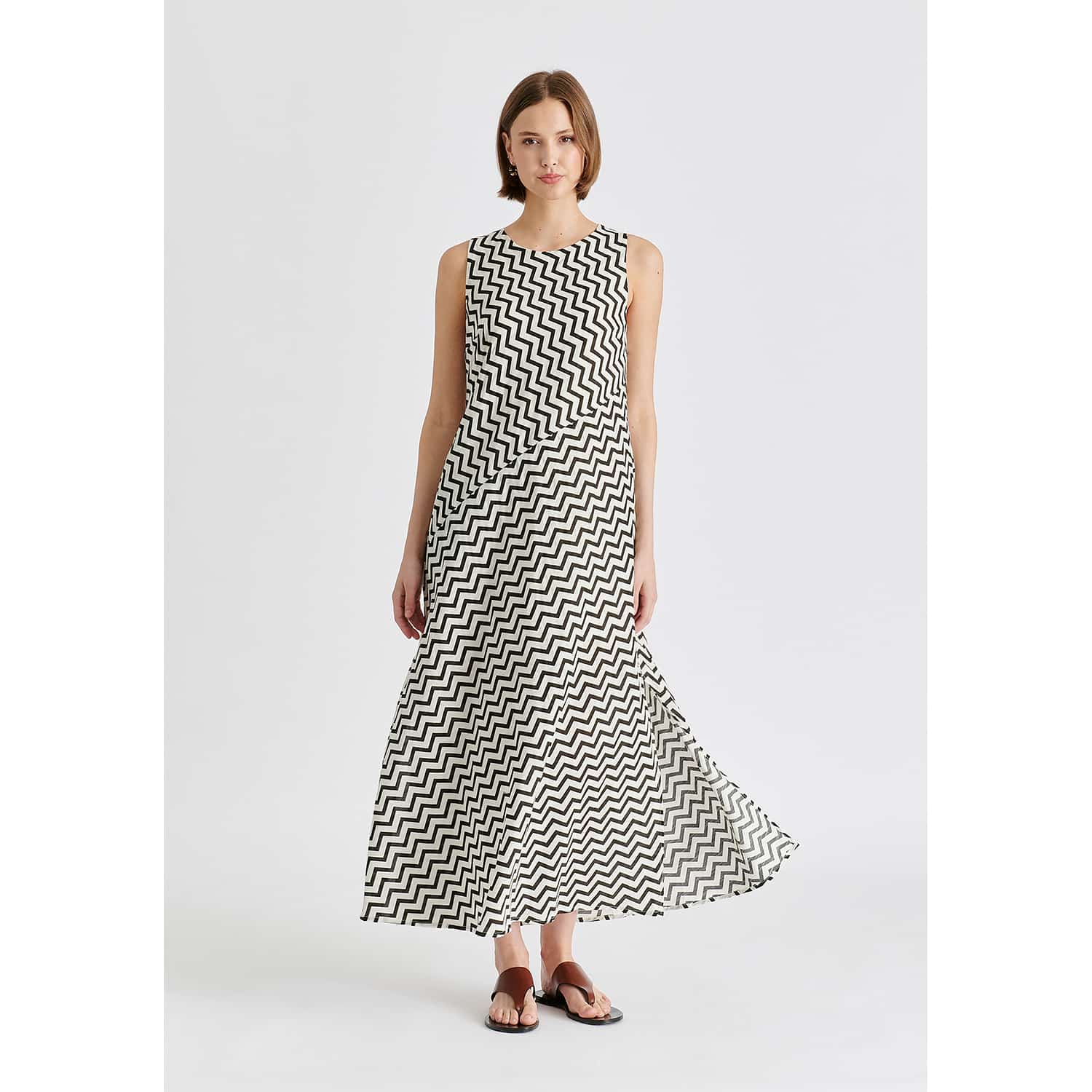 knee length dresses for ladies A-Line Midaxi Dress in Zigzag Pattern in White and Black