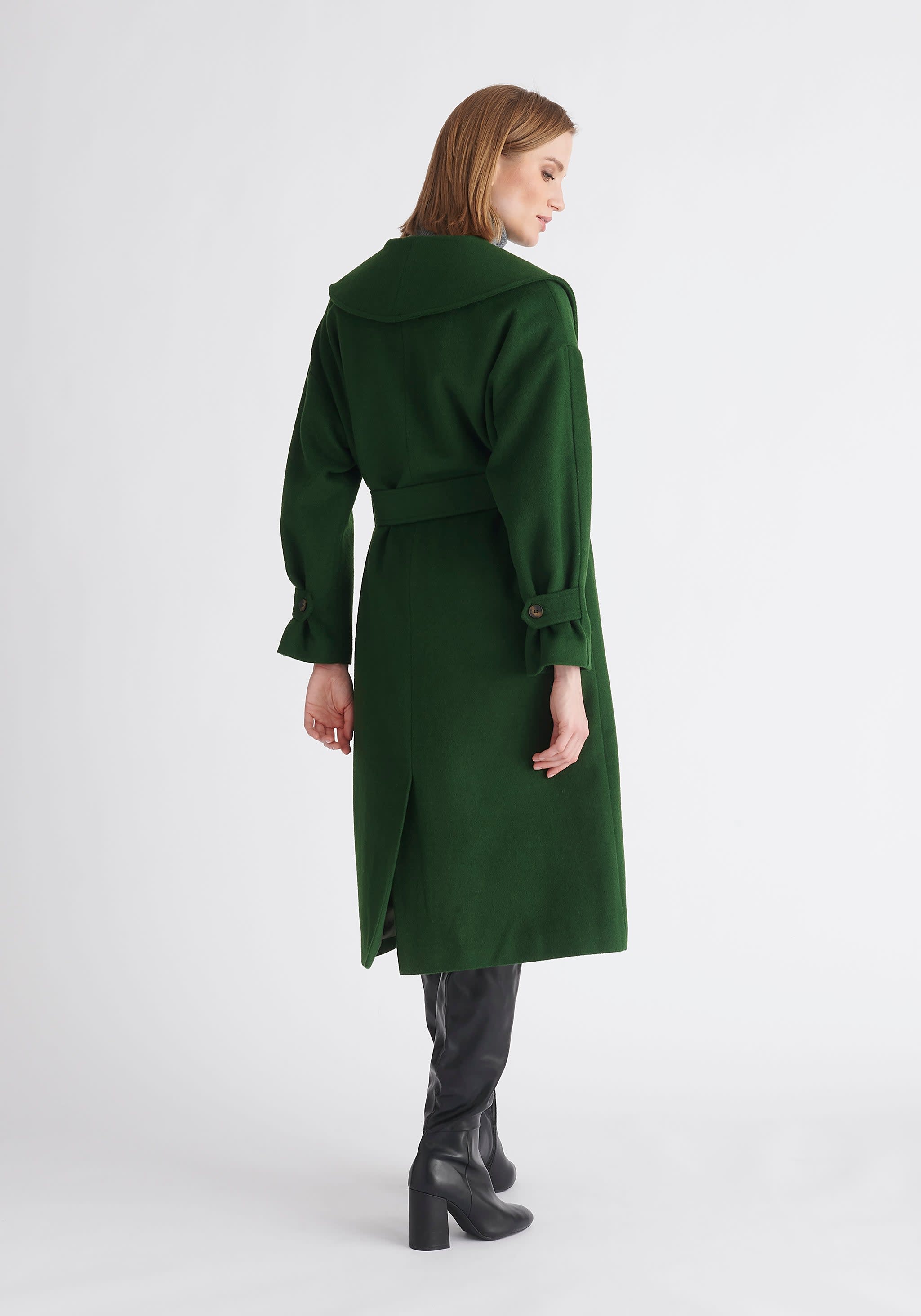 Belted Wool Coat In Dark Green, PAISIE