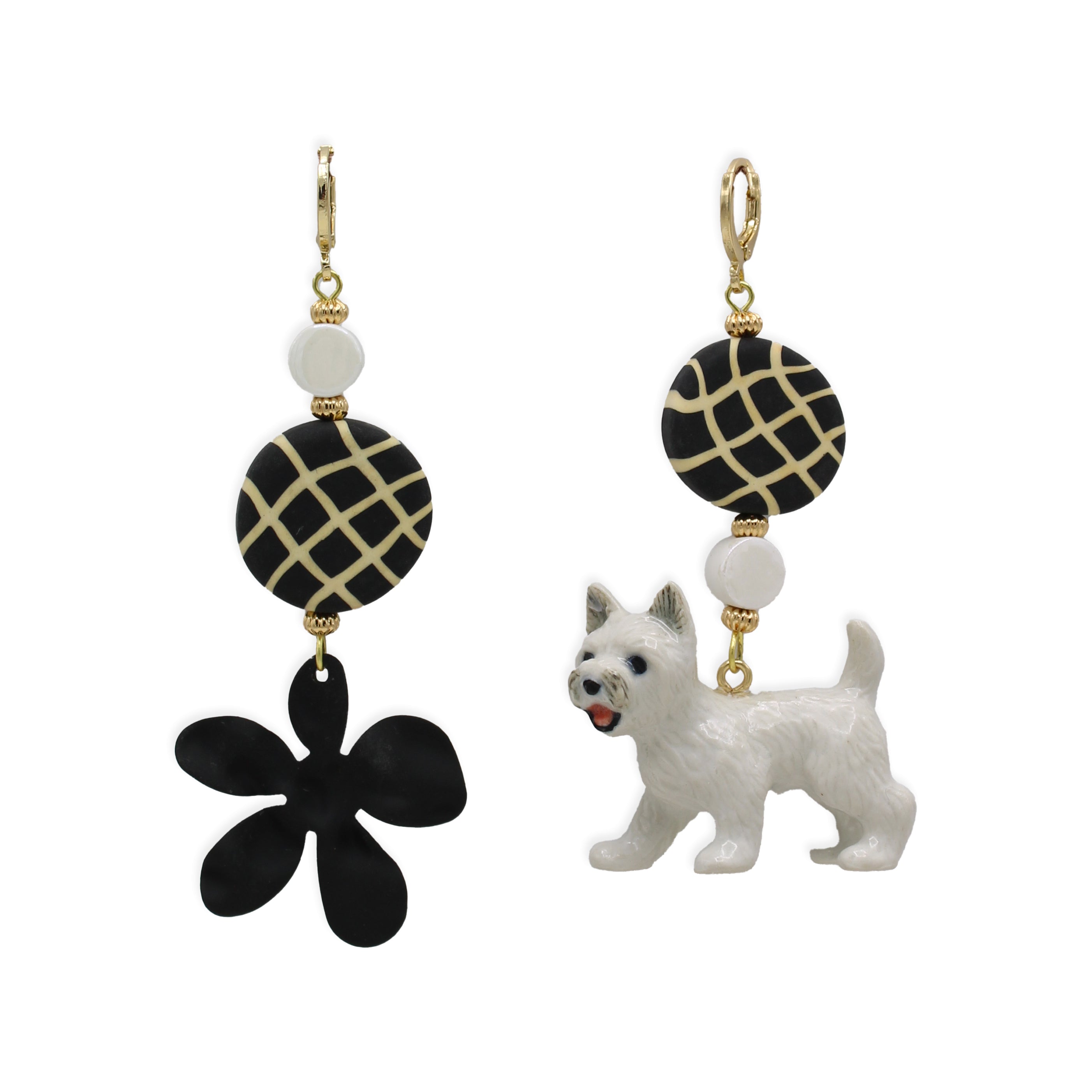 Midnight Foxes Studio Women's White / Gold / Black Westie Dog & Black Flower Gold Earrings In Gray