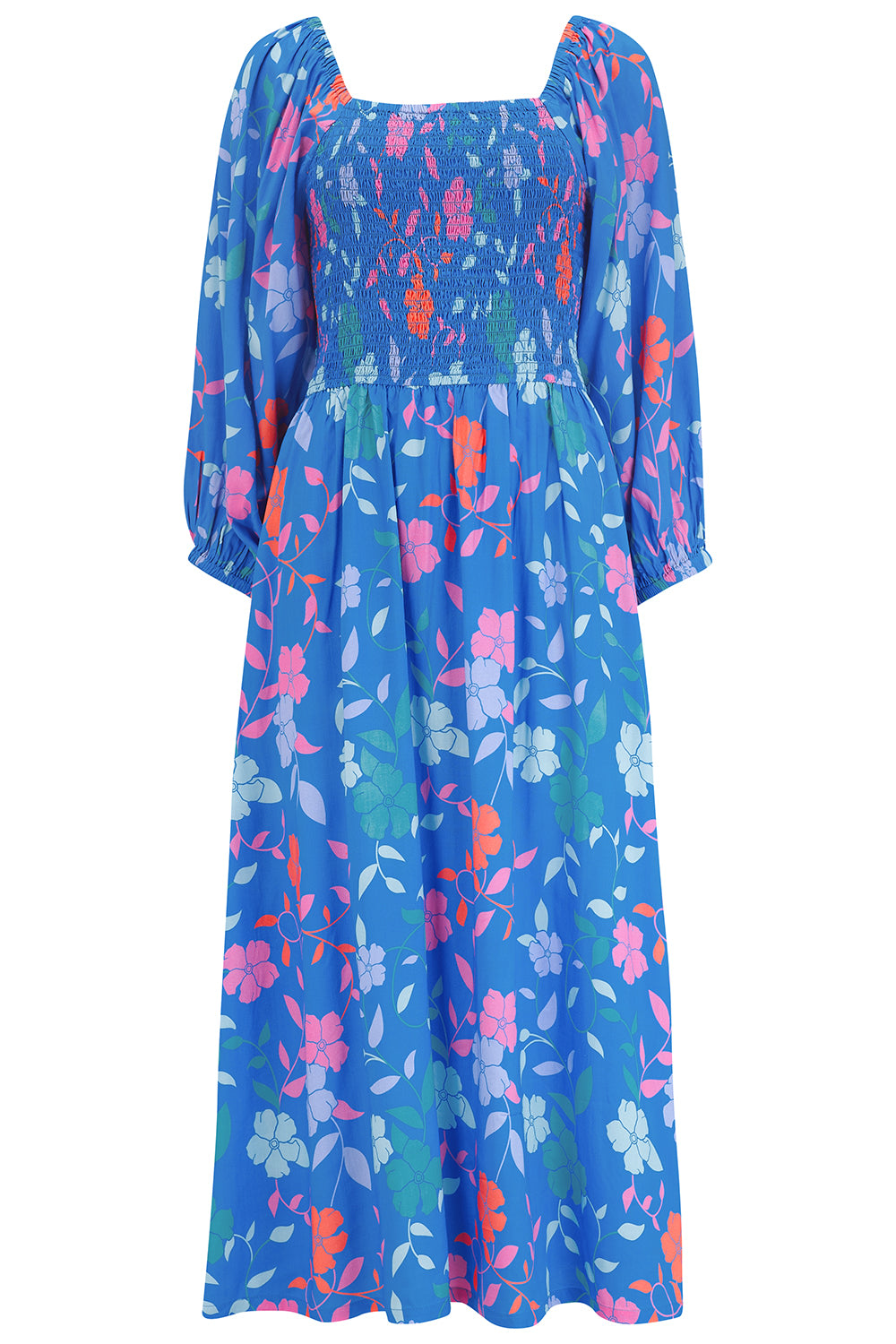 Women’s Raquel Midi Shirred Dress Blue, Rainbow Floral Vine Extra Small Sugarhill Brighton