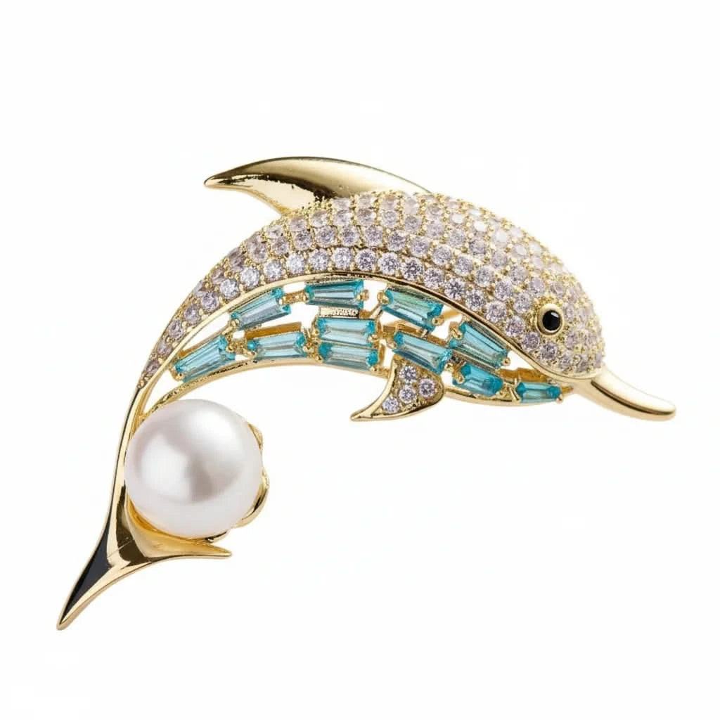 Women's Gold Dolphin Pearl Crystal Brooch | Angel Barocco