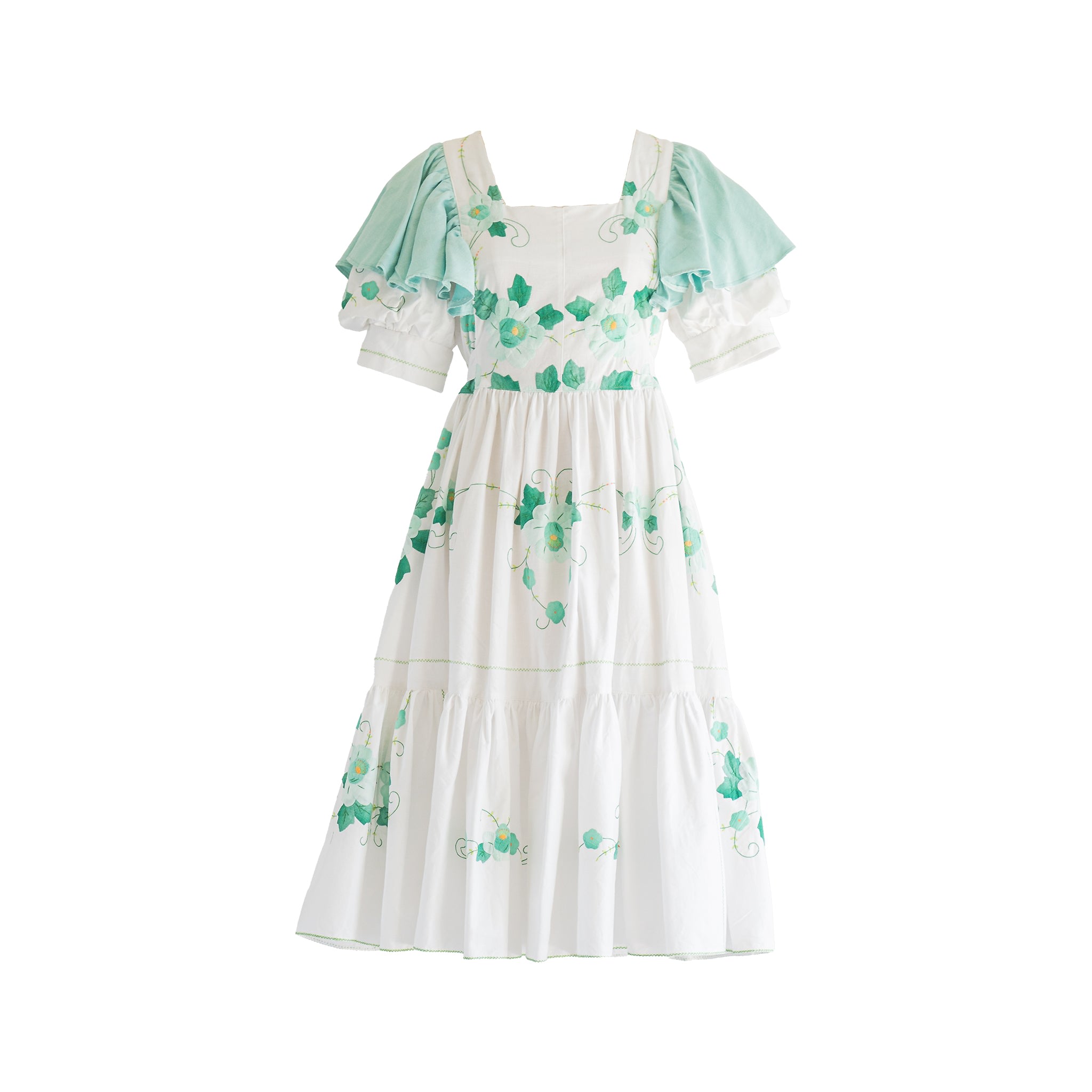Sugar Cream Vintage Women's Re-design Upcycled Green Ruffled Cuff Sleeved Midi Dress In Green