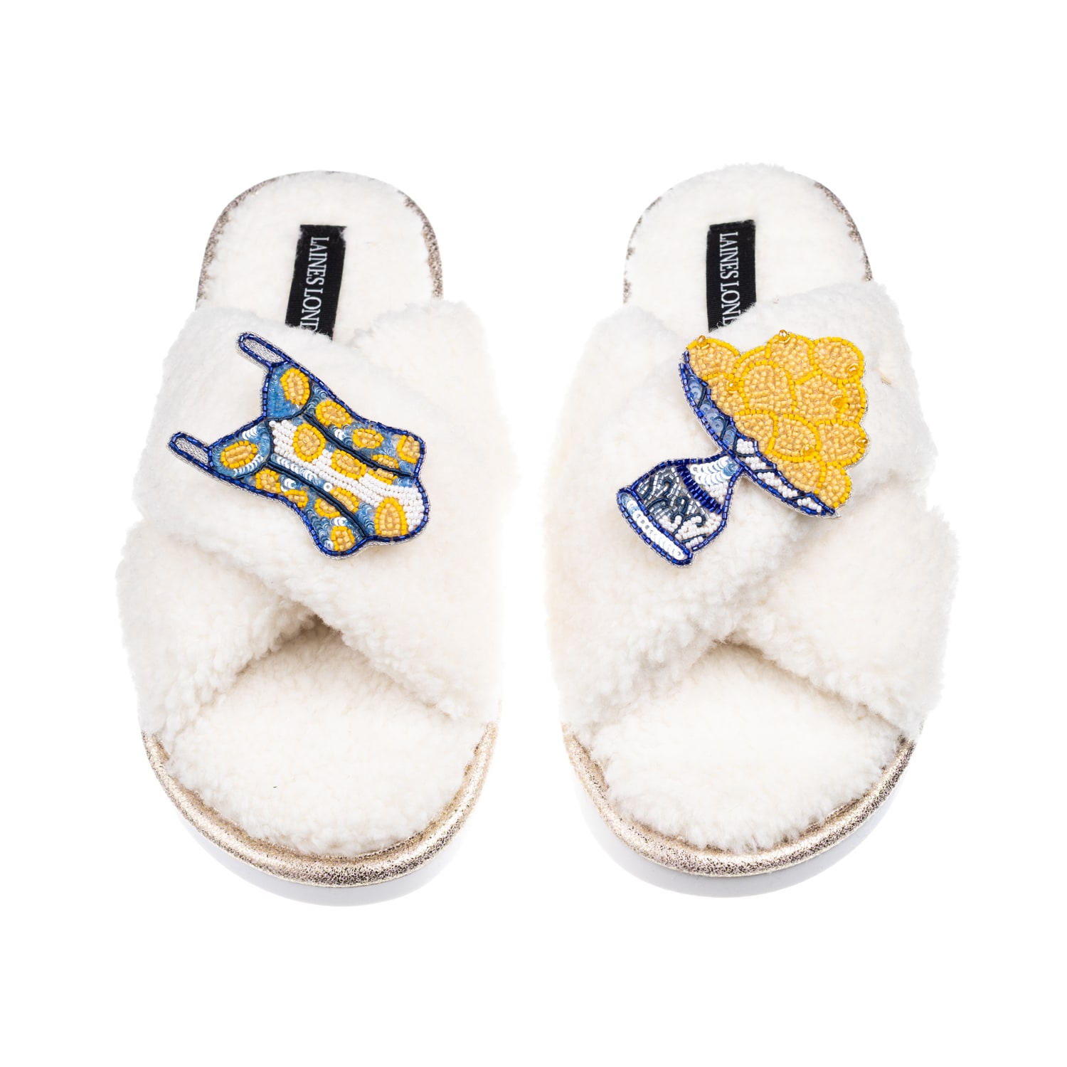 Laines London Women's Neutrals / White Laines Neutral Boucle Slippers With Swimming Costume & Lemons Brooches - Cr