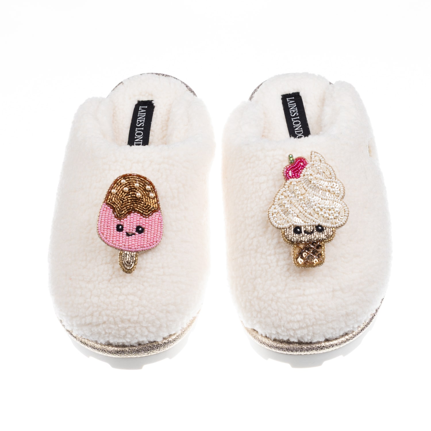 Laines London Women's Neutrals / White Teddy Closed Toe Slippers With Laines Lovables Ice Lolly & Ice Cream Brooch In White