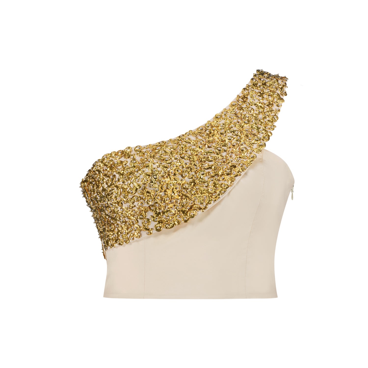 Azzalia Women's One Shoulder Paisley Top Shaped With Metal Embellishment And Crystals In Beige