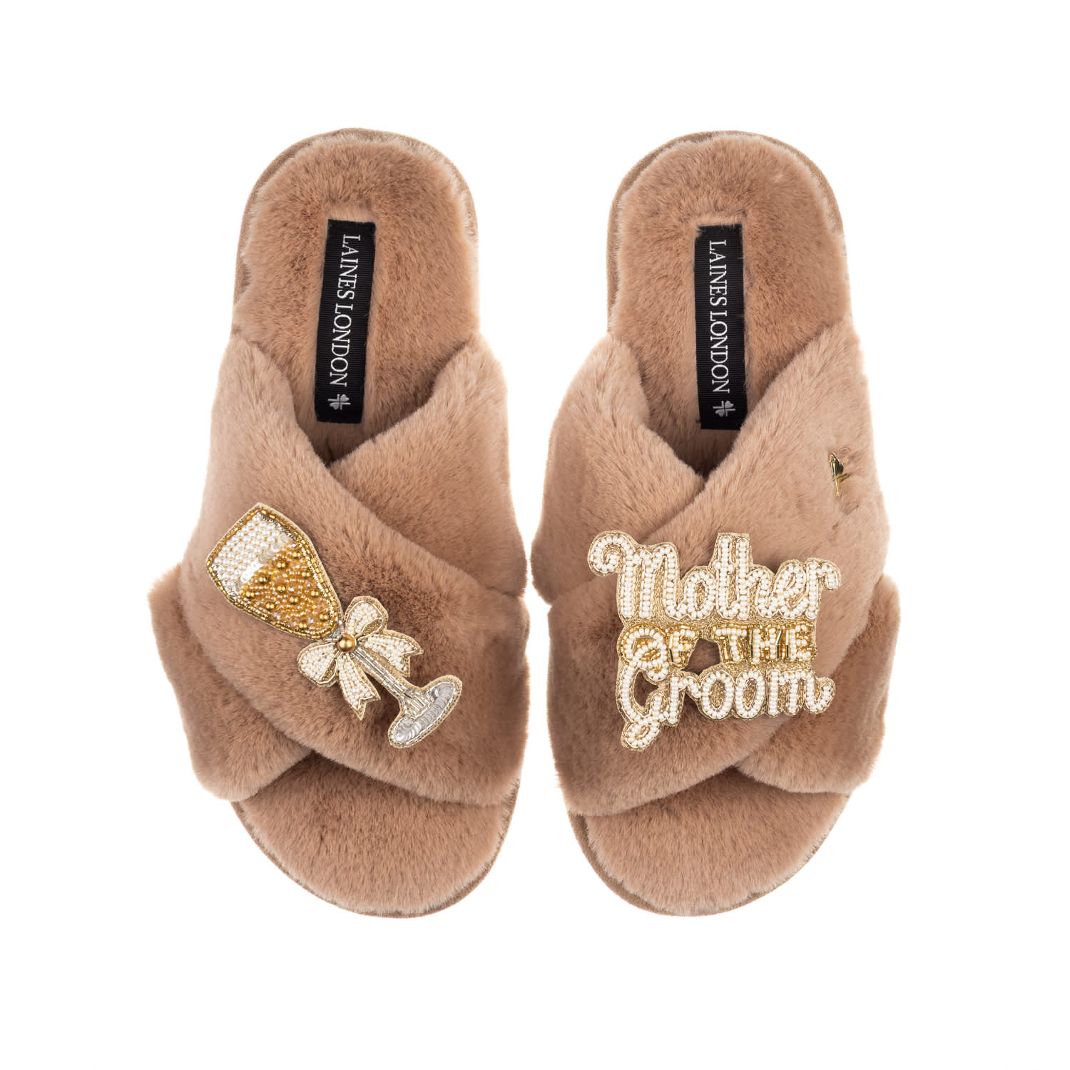 Women's Brown / Neutrals Classic Laines Slippers With Mother Of The Groom Brooches - Toffee | Large | Laines London
