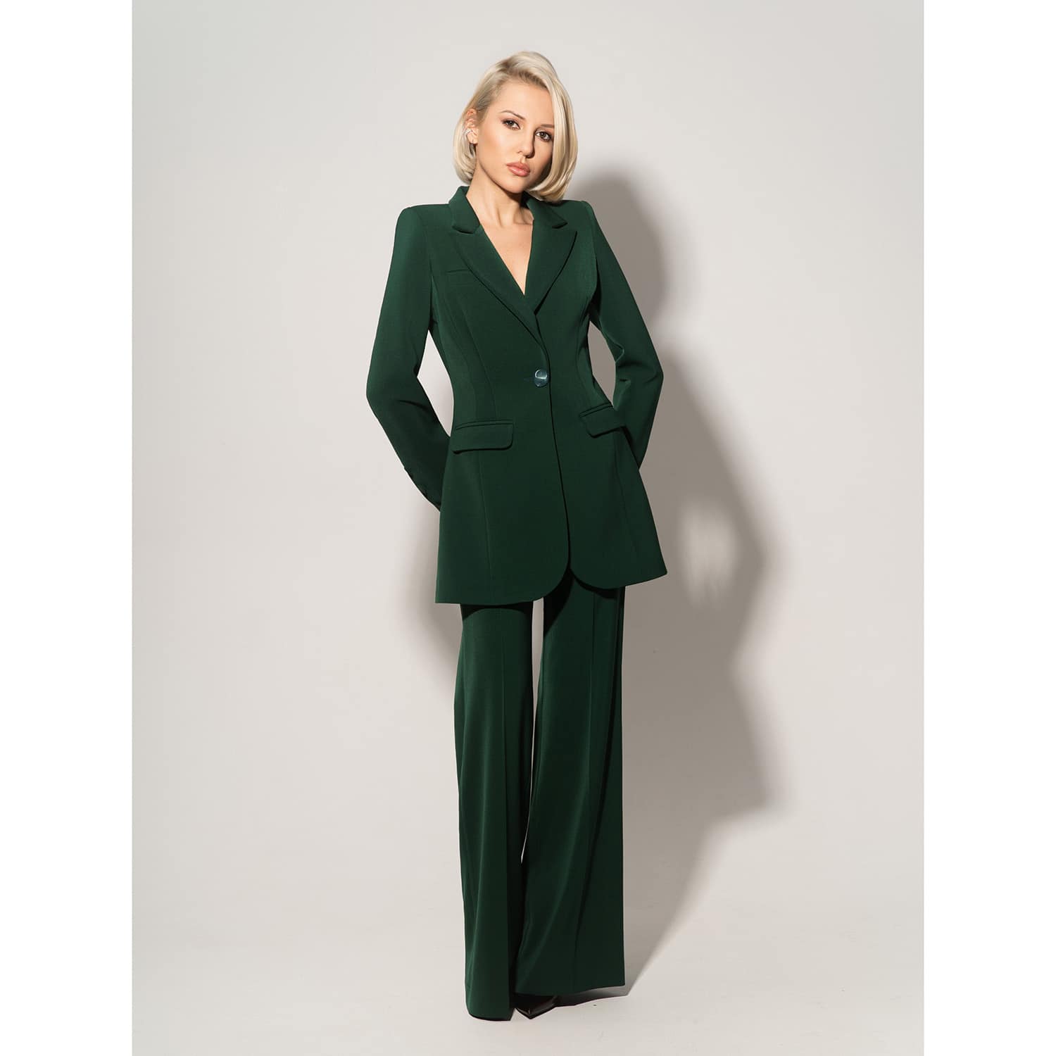 emerald green oversized ring detail blazer dress Miss Circle Women's Delia Pistachio Green Blazer Dress with Pleated Detail