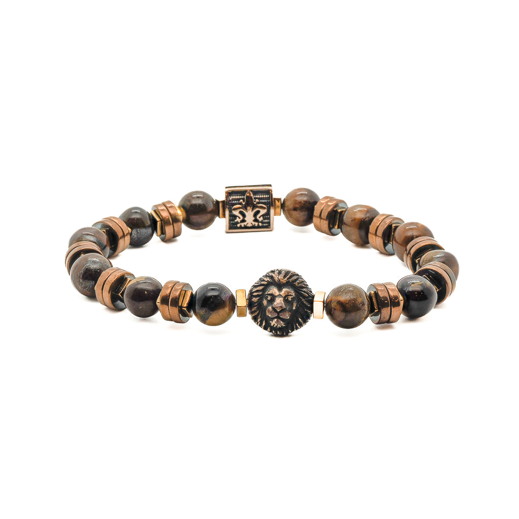 Gold / Brown Lion Tiger Eye Men Beaded Bracelet - Light Brown Ebru Jewelry