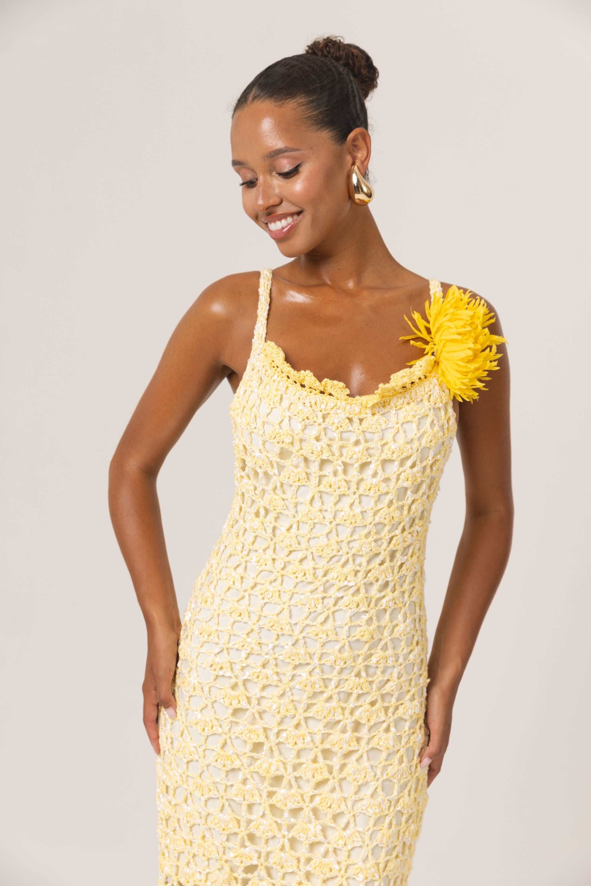 ANDREEVA | Butter Yellow Chrysanthemum Midi Handmade Crochet Dress S / Yellow