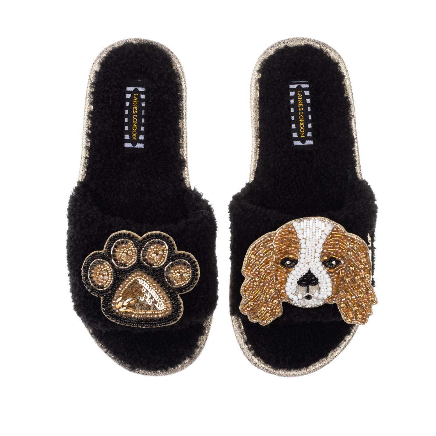 Teddy Towelling Slipper Sliders With Lady Spaniel & Paw Brooches - Black Medium Laines London