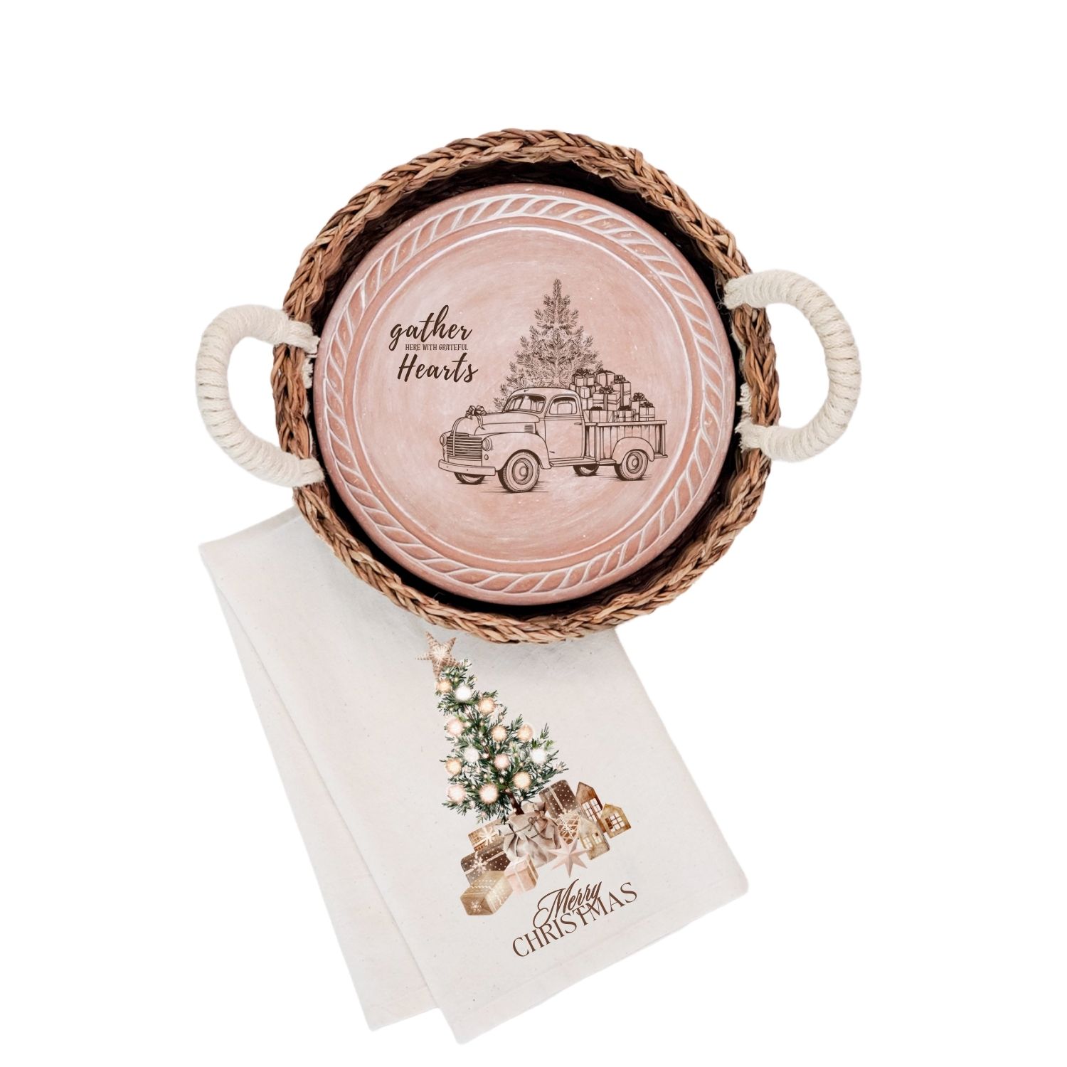 Korissa Neutrals Bread Warmer & Basket Gift Set With Tea Towel - Christmas Truck Round In Multi