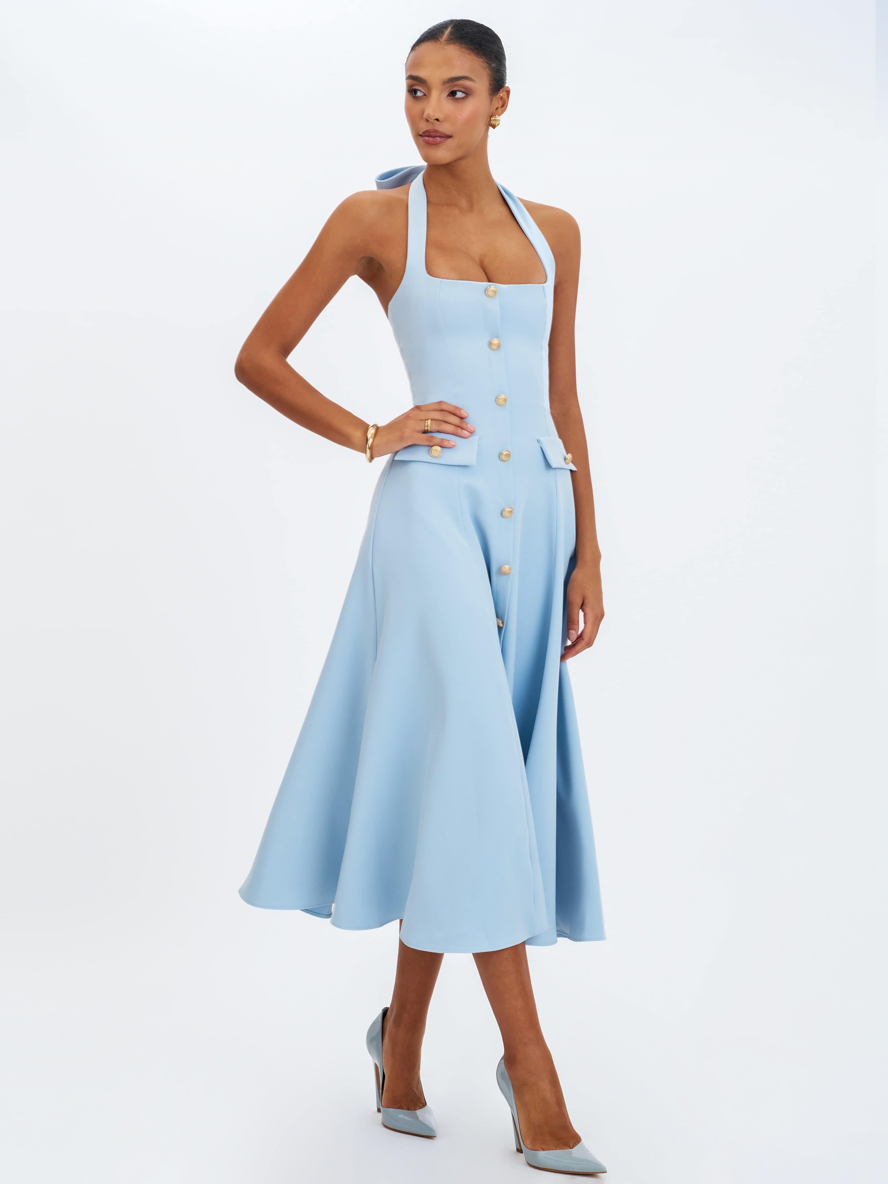 Gillian Mist Blue Halter A-Line Midi Dress | Miss Circle New York