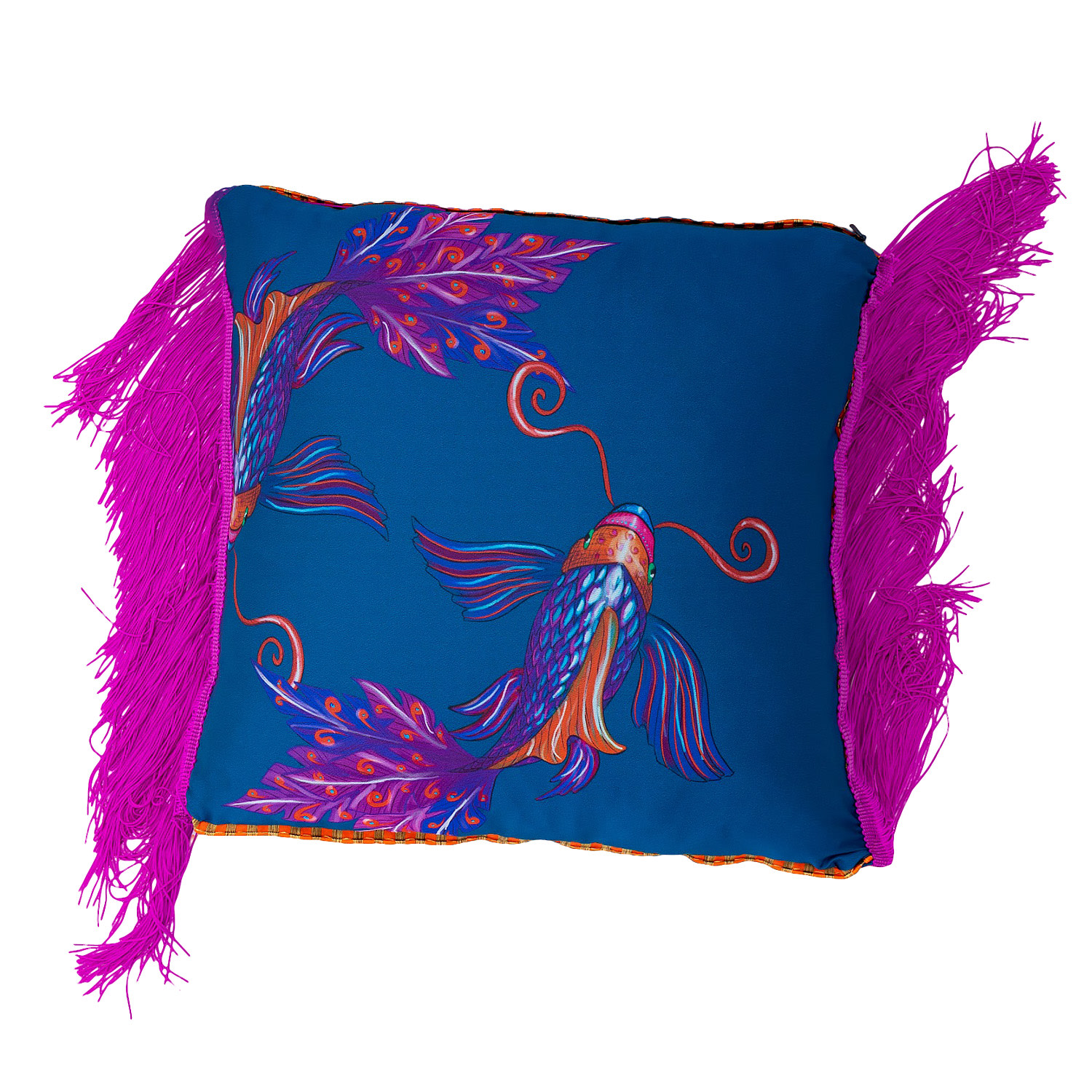 Blue / Pink / Purple Side Pink Fringe Koi Fish Print Satin Cushion One Size Janara Jones