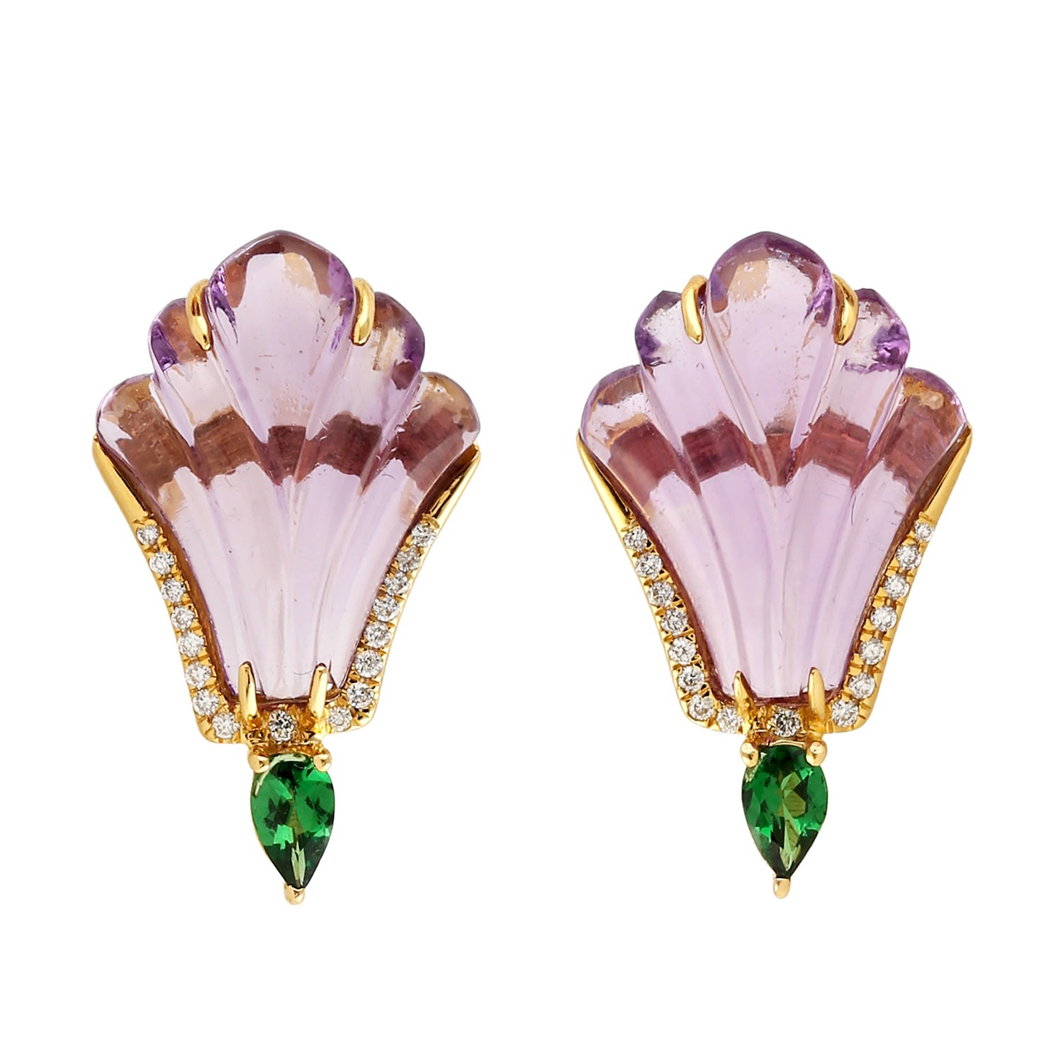 Artisan Women's Pink / Green Carved Mixed Gemstone & Tsavorite Diamond Earrings In 18k Gold In Gold