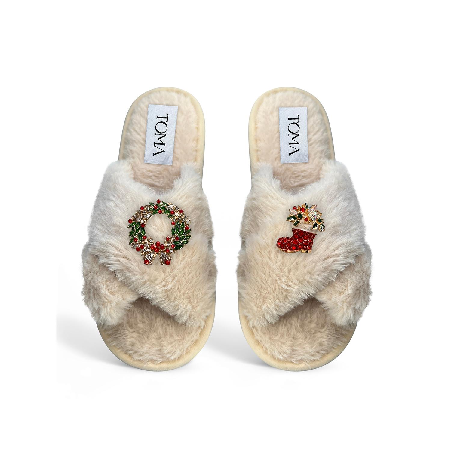 Toma Women's Neutrals Classic  Faux Fur Open Toe Christmas Beige Slippers In Gold