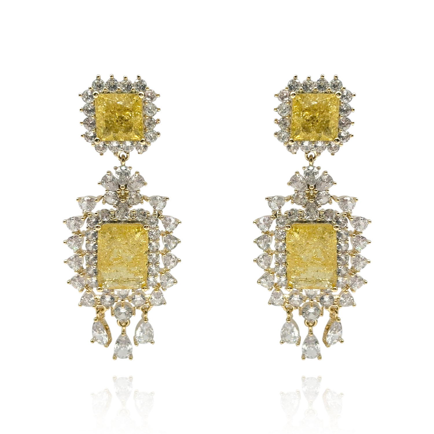 Women’s Yellow / Orange / Gold Canary And Crystal Clip On Drop Earrings In Gold Plated Brass Setting Michael Nash Jewelry