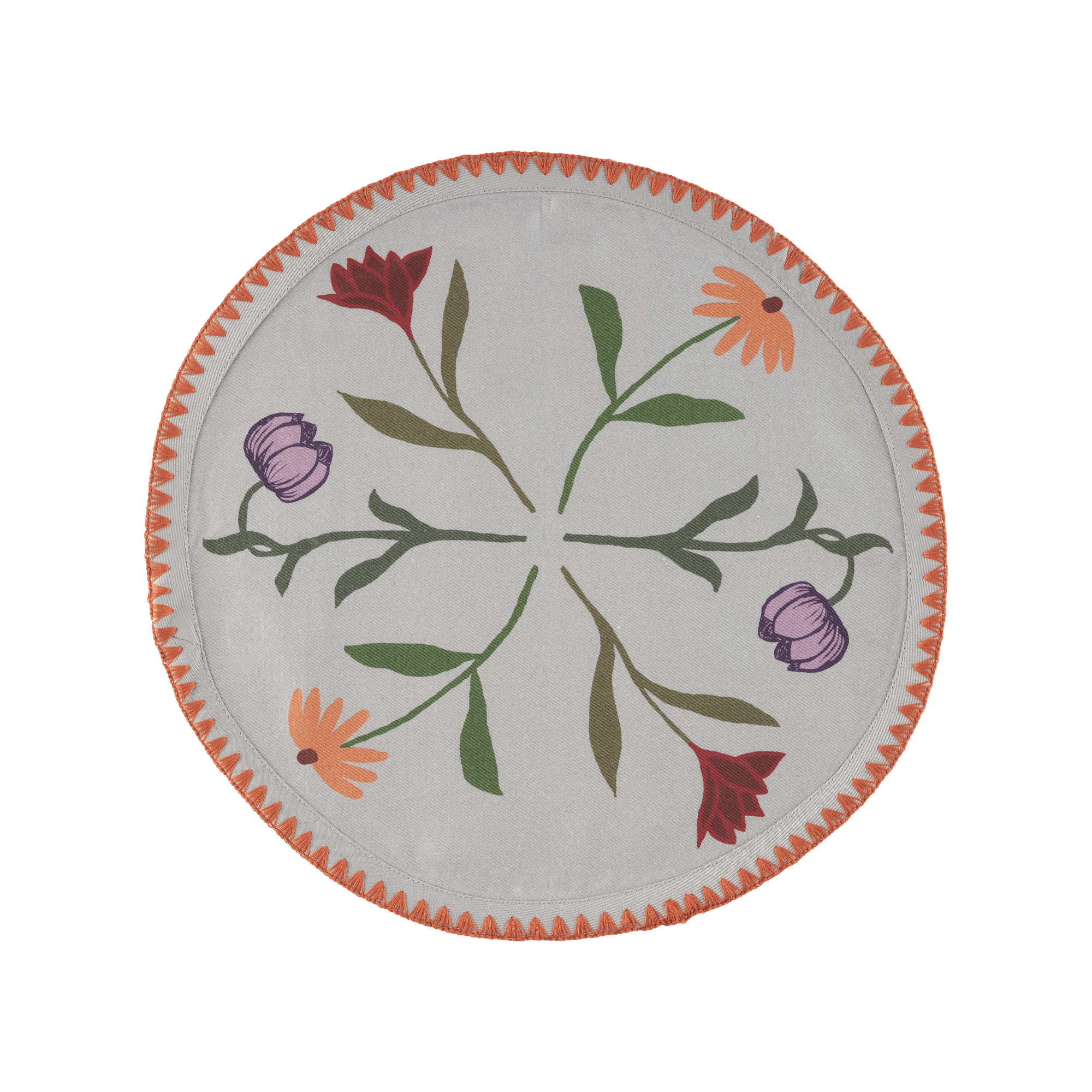 Set Of Six Round Placemats In Oversize Bold Flower Print On Light Grey With Orange Embroidery Sophie Williamson Design