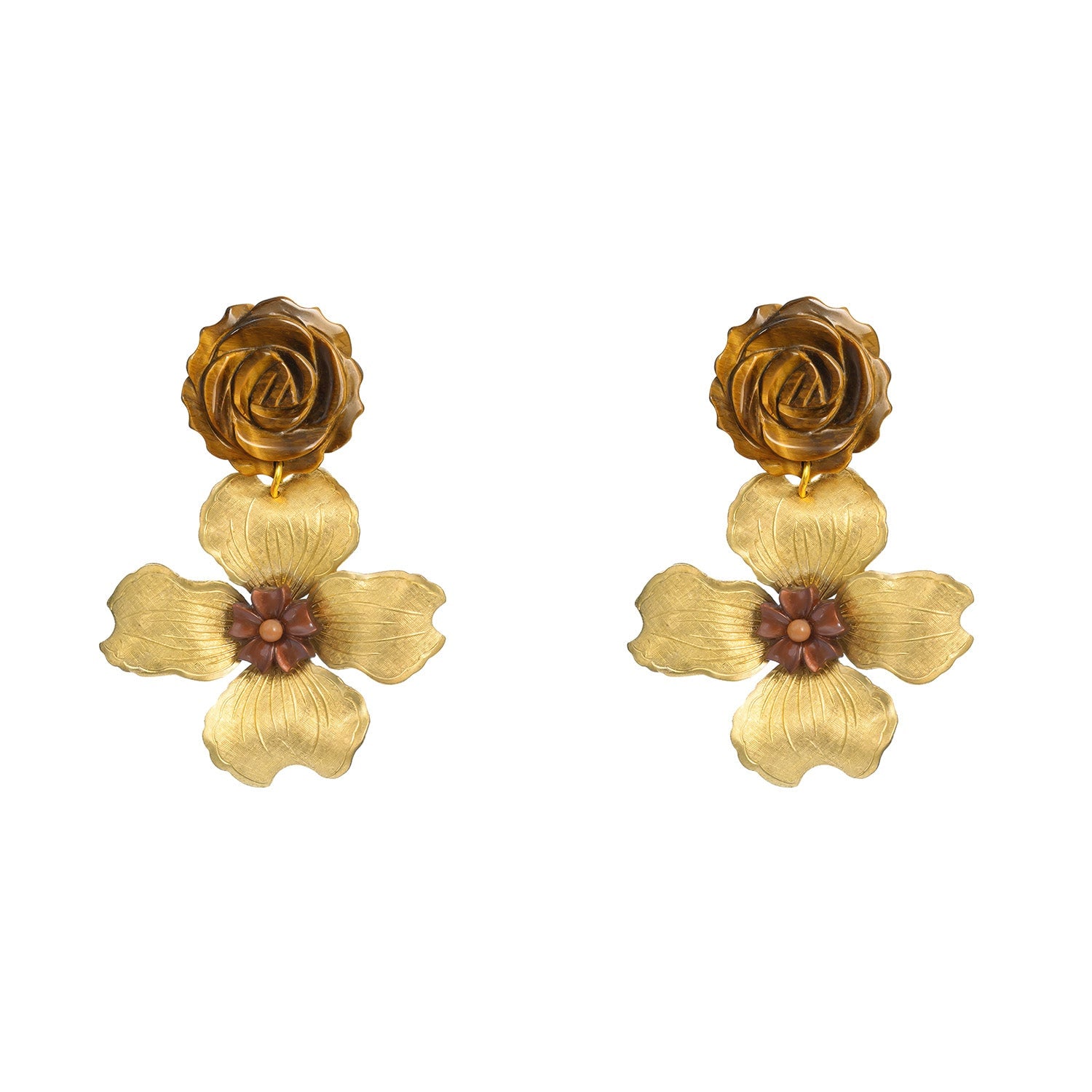 Pat’s Jewelry Women's Gold / Brown Promegrate Flower Earrings In Gold