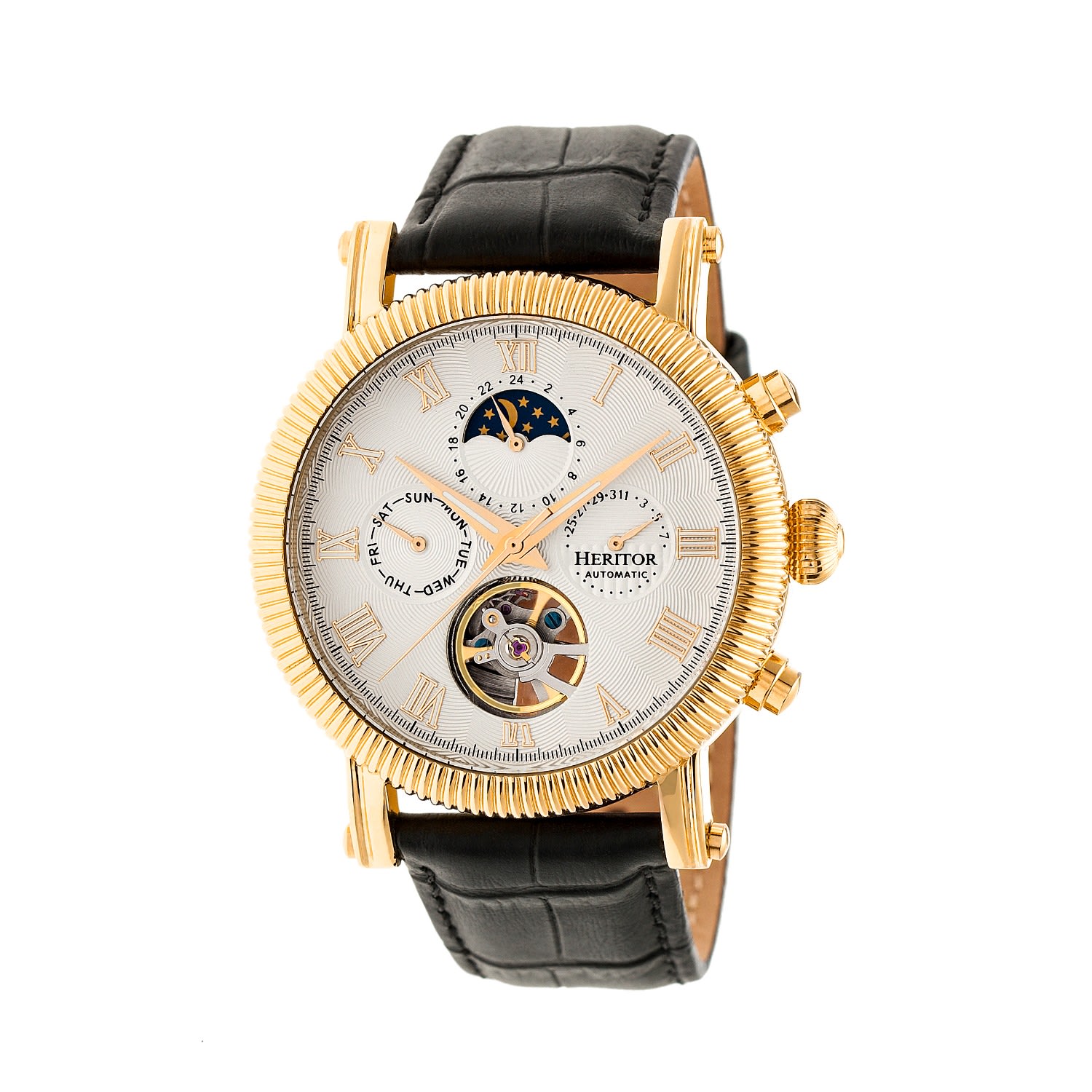 Heritor Automatic Men's White / Gold Winston Semi-skeleton Leather-band Watch With Day And Date - Gold, White In White/gold