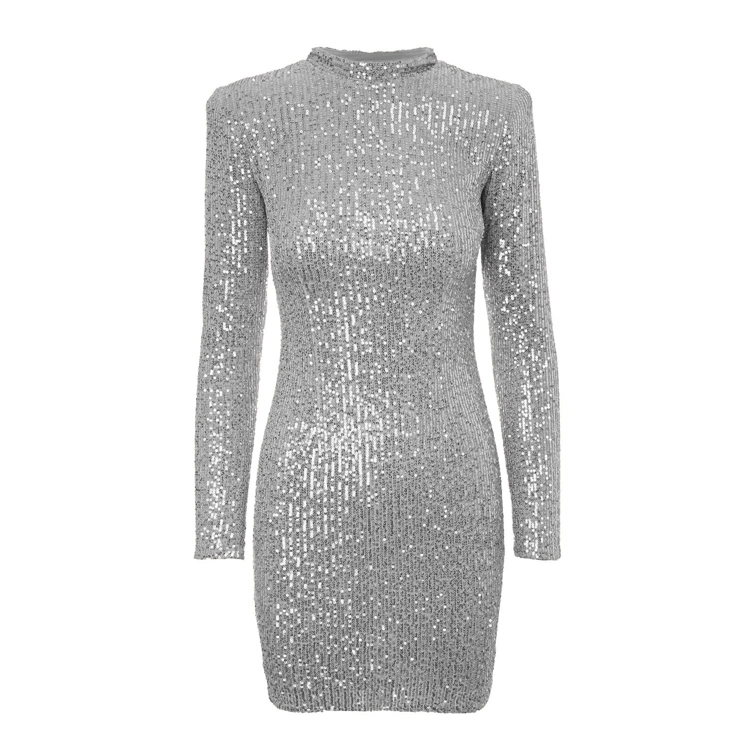 Bluzat Women's Silver Sequin Mini Dress With Oversized Shoulders In Silver