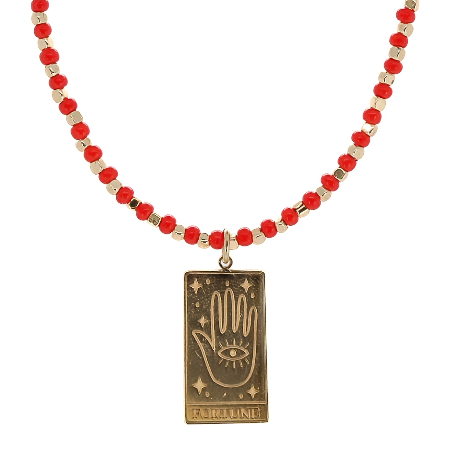 Women’s Gold / Red Good Fortune Tarot Card Gold Pendant Coral Beaded Necklace - Red Ebru Jewelry