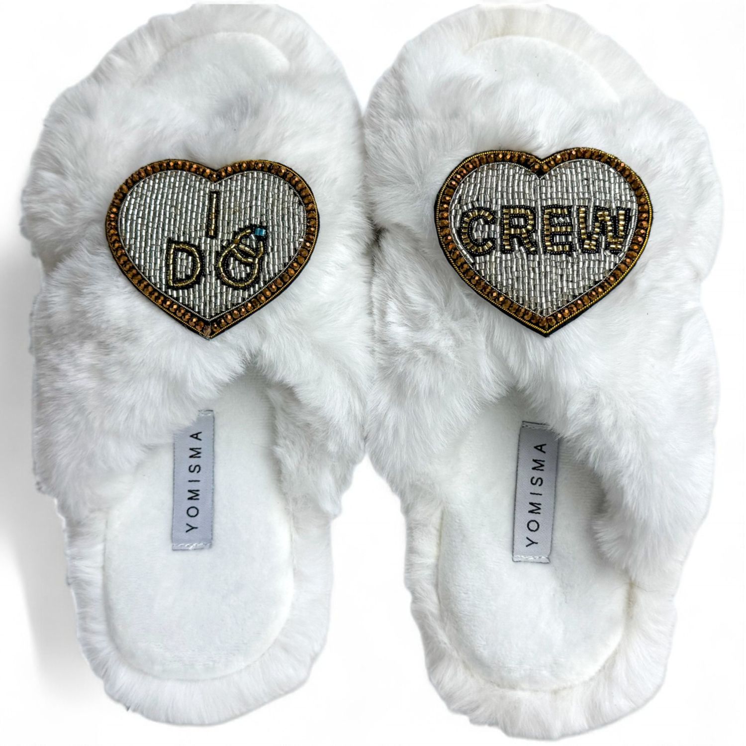 Yomisma Women's Faux Fur Slippers - Global Recycled Standard Certified With I Do Crew Wedding Embellishments In White