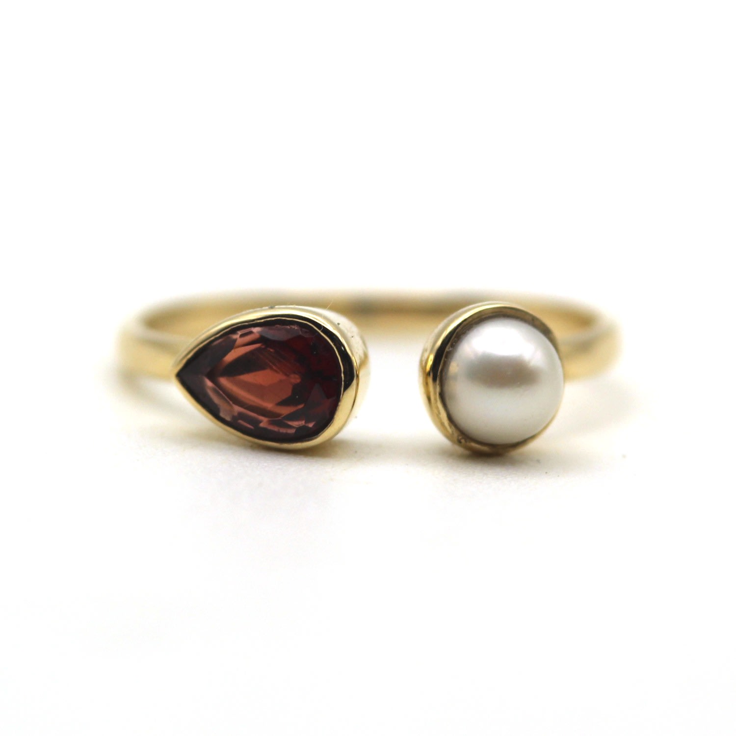 Women’s Garnet With Pearl Yellow Gold Open Cuff Ring Vicstonenyc Fine Jewelry