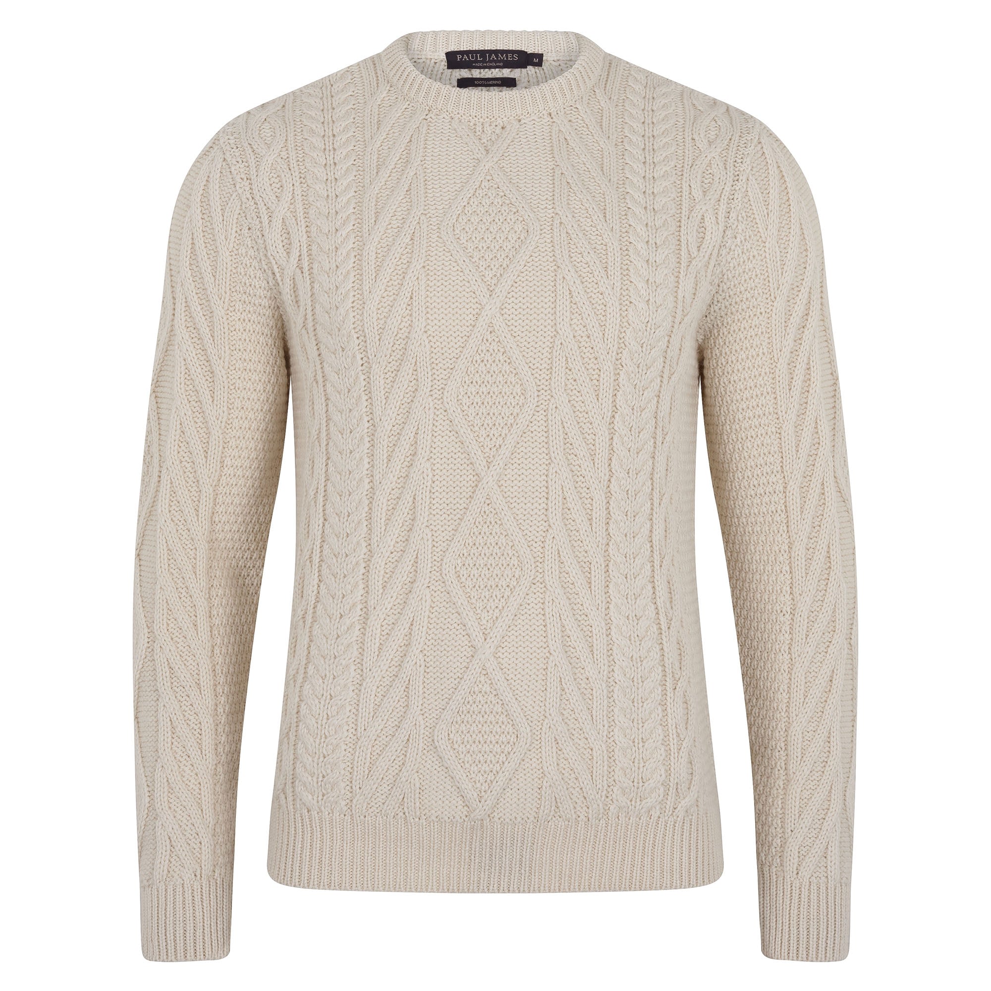 Paul James Knitwear Neutrals Mens Chunky Merino Wool Cameron Cable Jumper - Ecru In Beige