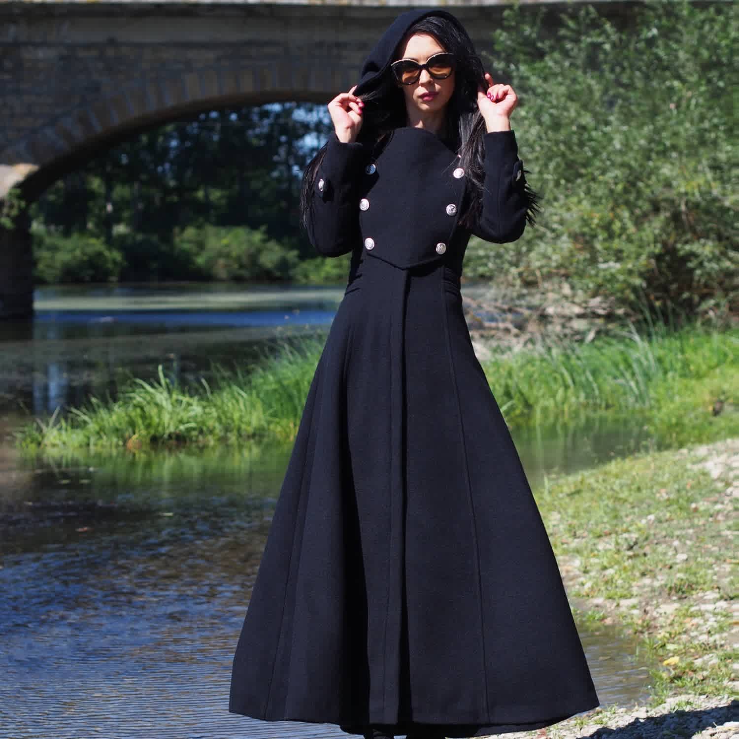 ladies black coat dress Fashion Black Virginia Dress Coat S Perfect for Formal Event Victorian Coat Long Hooded Wool