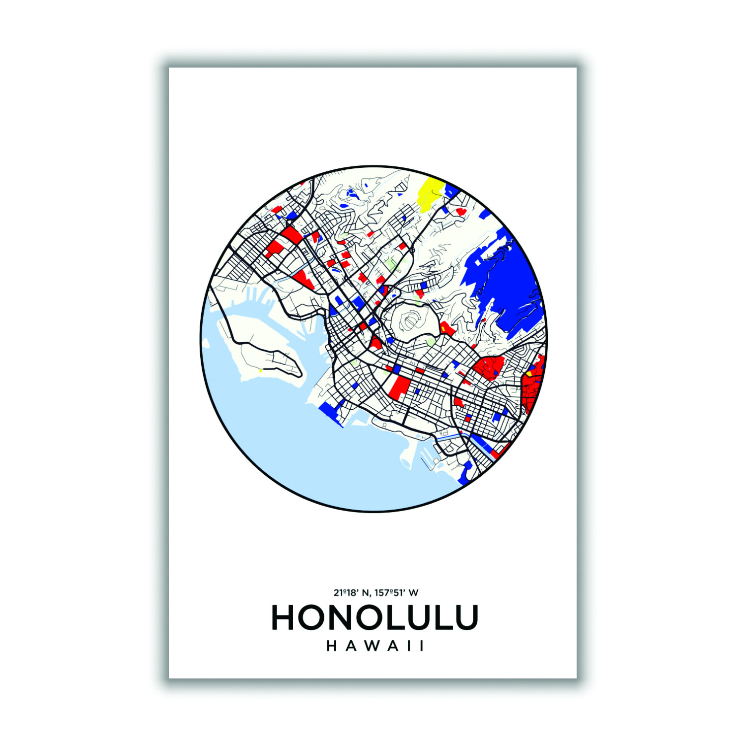 Blue Map Of Honolulu Hawaii A2 420 X 594Mm Stanley Print House