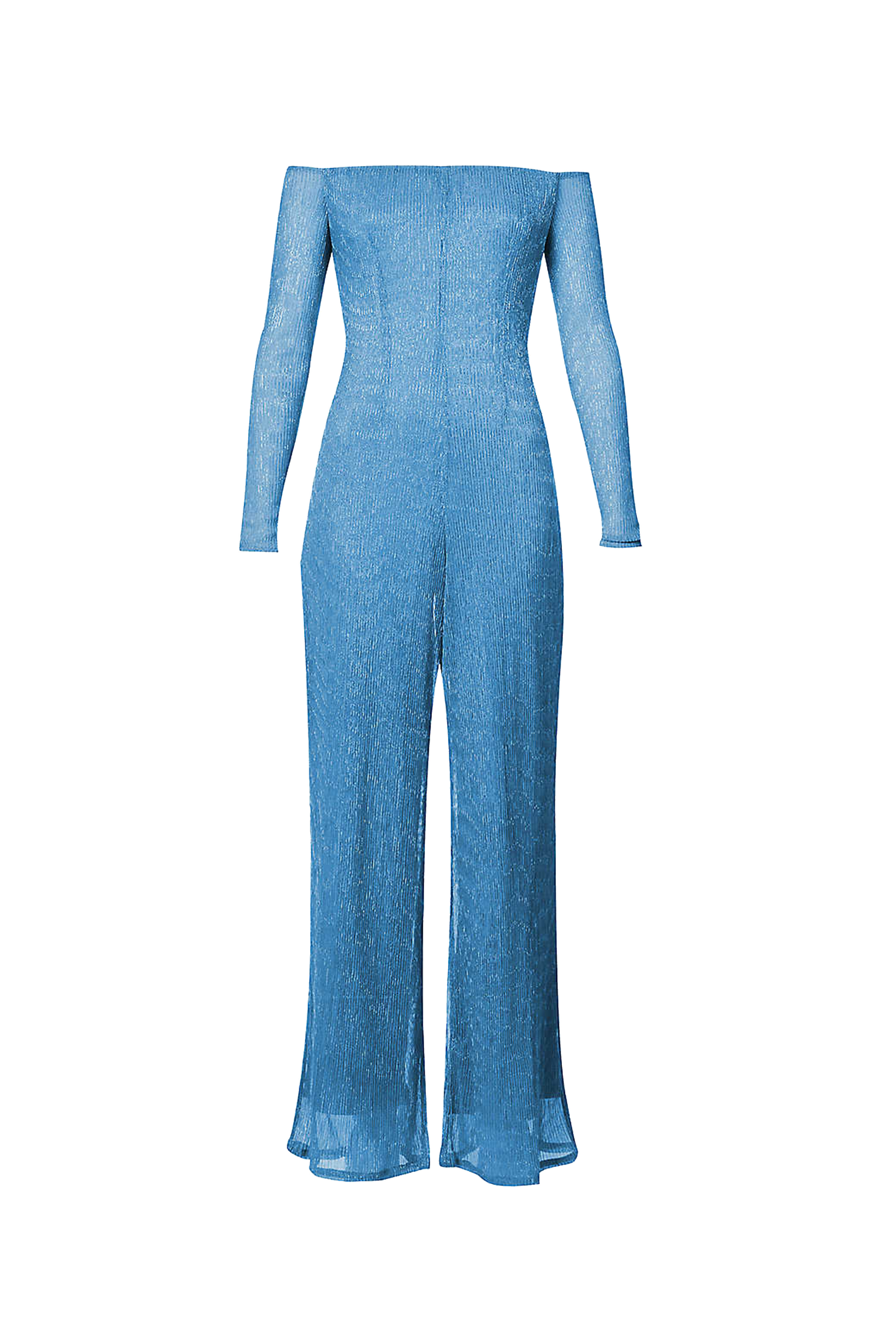 Women’s Odette Blue Metallic Plisse Jumpsuit Medium Amy Lynn