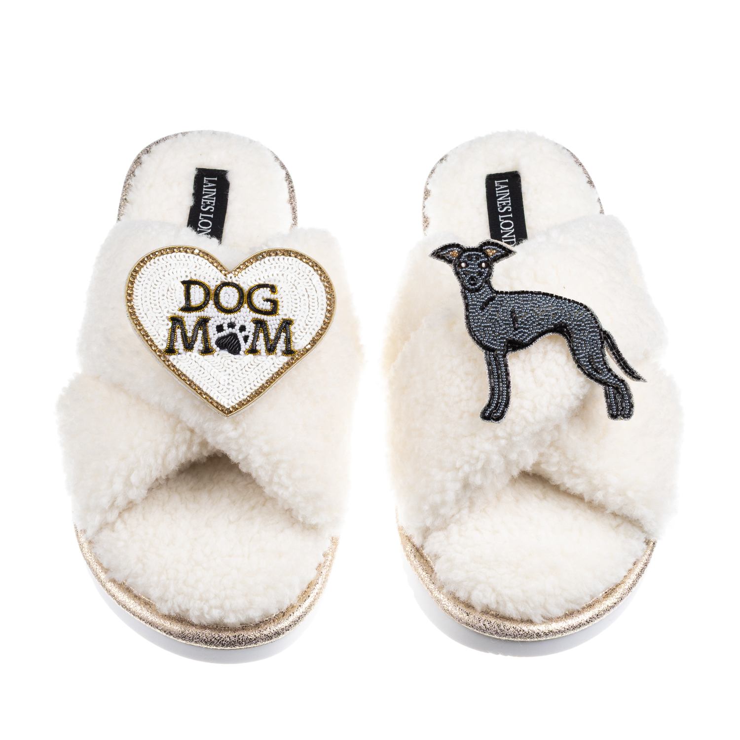 Laines London Women's Neutrals / White Boucle Slippers With Dog Mum/mom & Blue Italian Greyhound Brooches - Cream In White