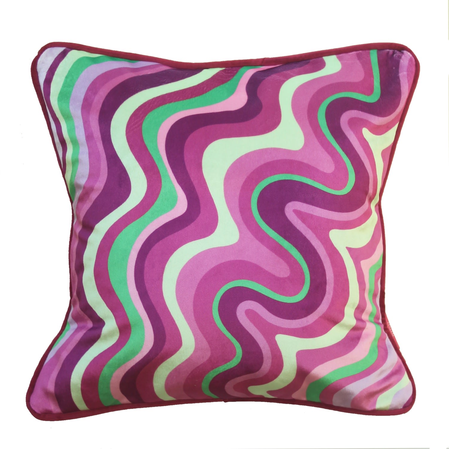 Green / Pink / Purple Colourful Velvet Piped Cushion - Pink & Green Wavy Ellie Pearce Textiles