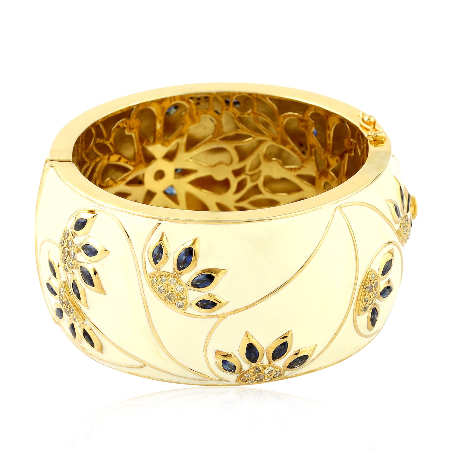 Women’s Gold / White 18K Gold & 925 Silver With Diamonds And Sapphire In Cream Enamel Luxury Cuff Bangle Artisan