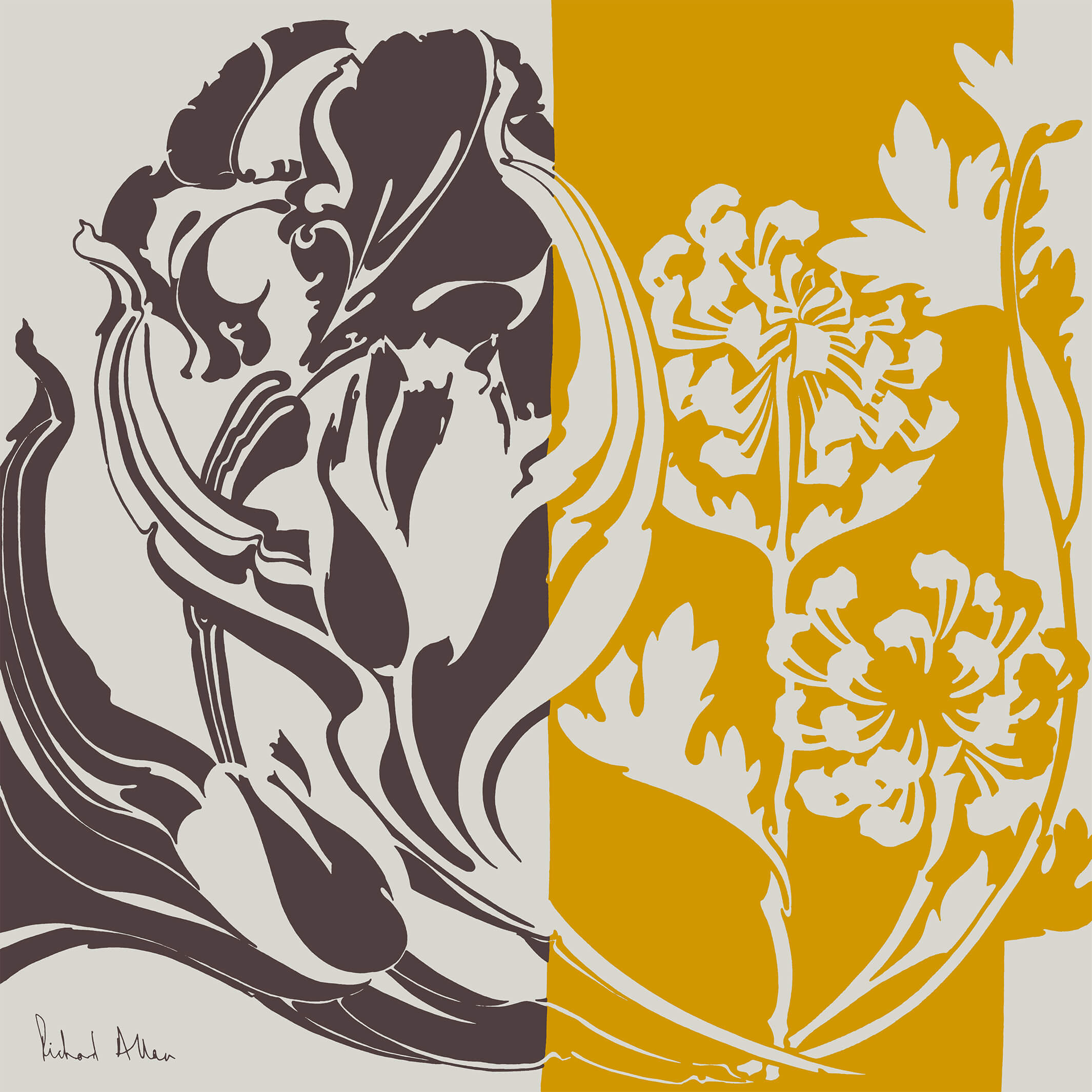 White / Grey / Yellow Yellow Aster Design Print Richard Allan London