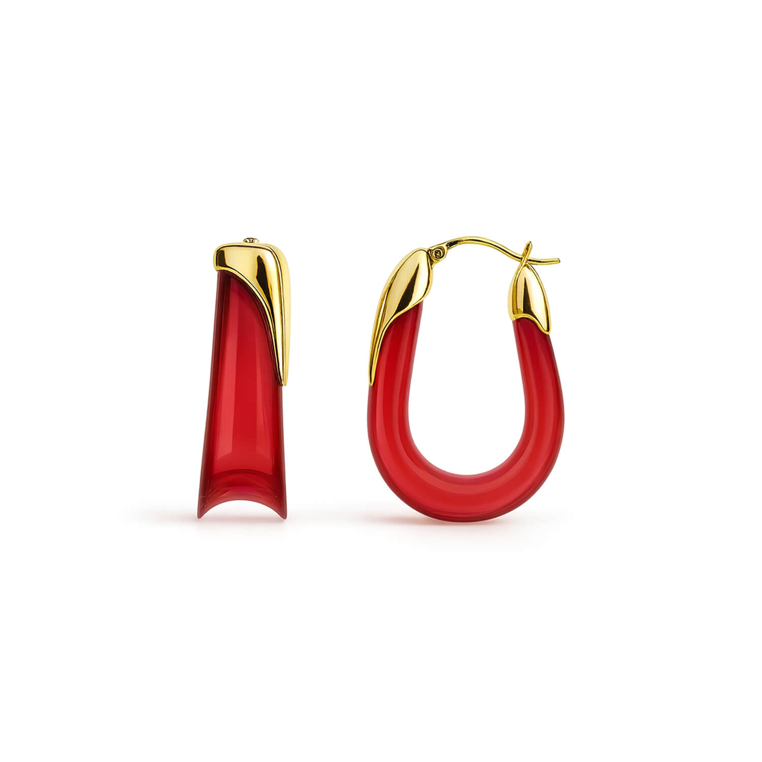 Gold & Honey Women's Gold / Red Ruby Sculpted U Lucite Birthstone Hoop Earrings