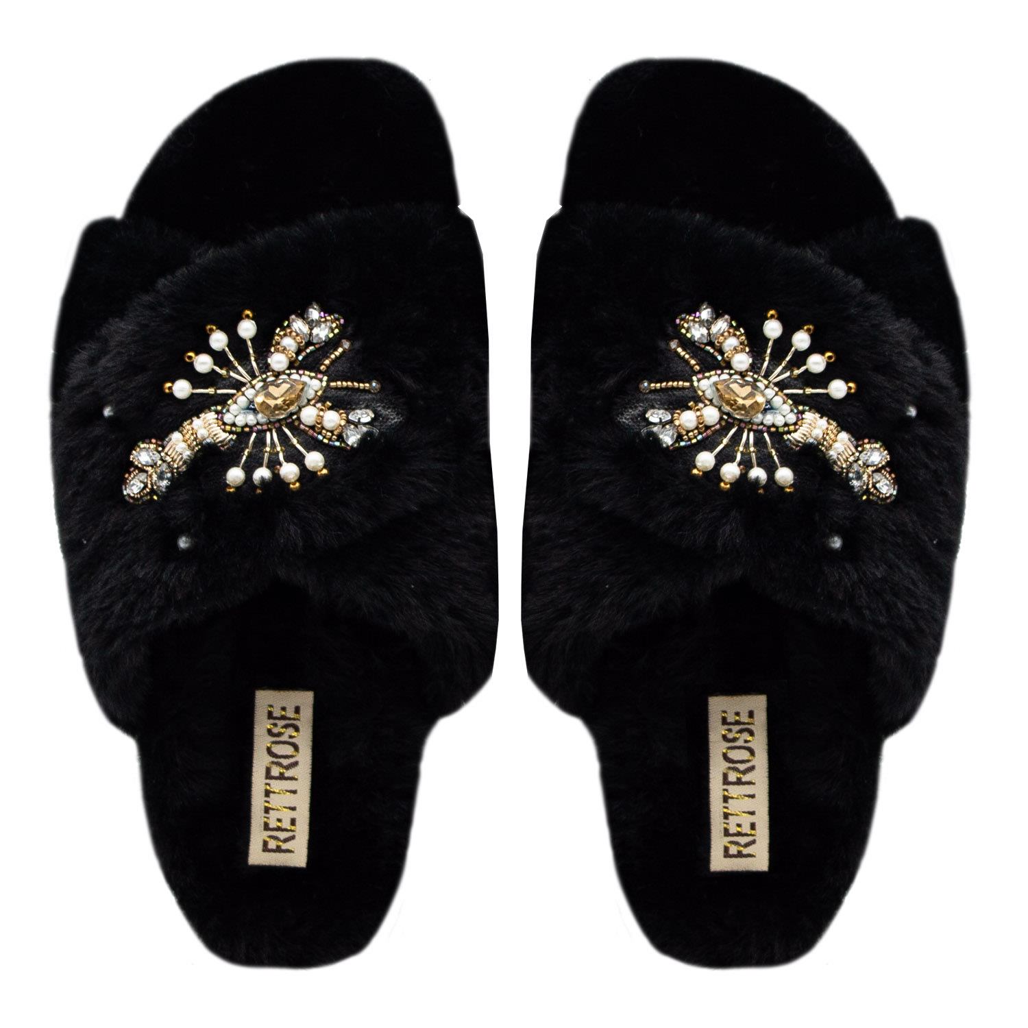 Rettrose Women's The Anastasia Black Luxury Plush Diamanté Embellished Handmade Slipper In Black