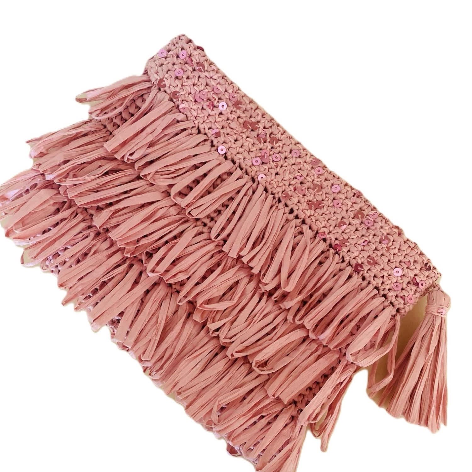 Springmoonatelier Women's Pink / Purple Luxury Star Powder  Sequin And Tassel Handmade Raffia Clutch Bag In Multi