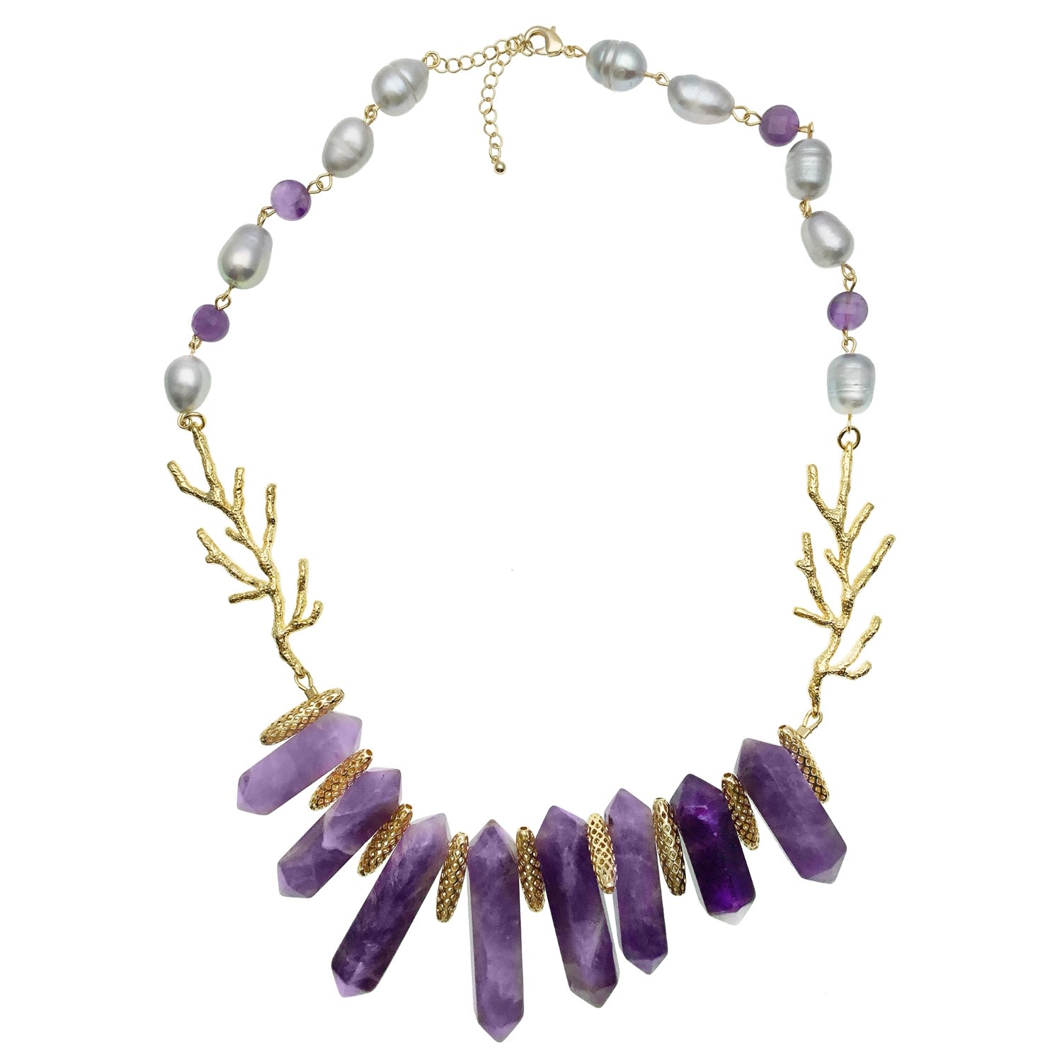 Farra Women's Pink / Purple Amethyst With Gray Freshwater Pearl Statment Necklace