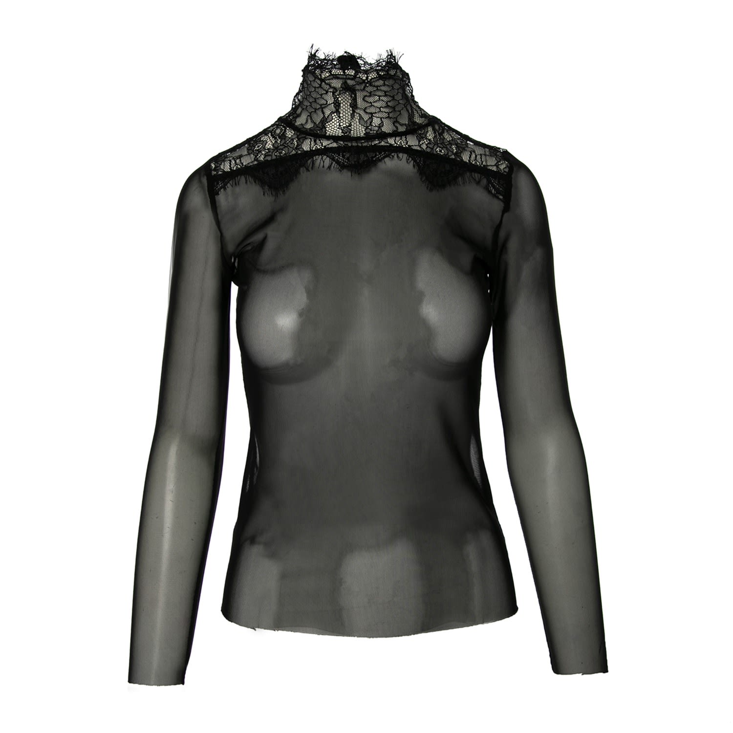 Women’s Black Tulle Blouse With Lace Detail Medium Silvia Serban