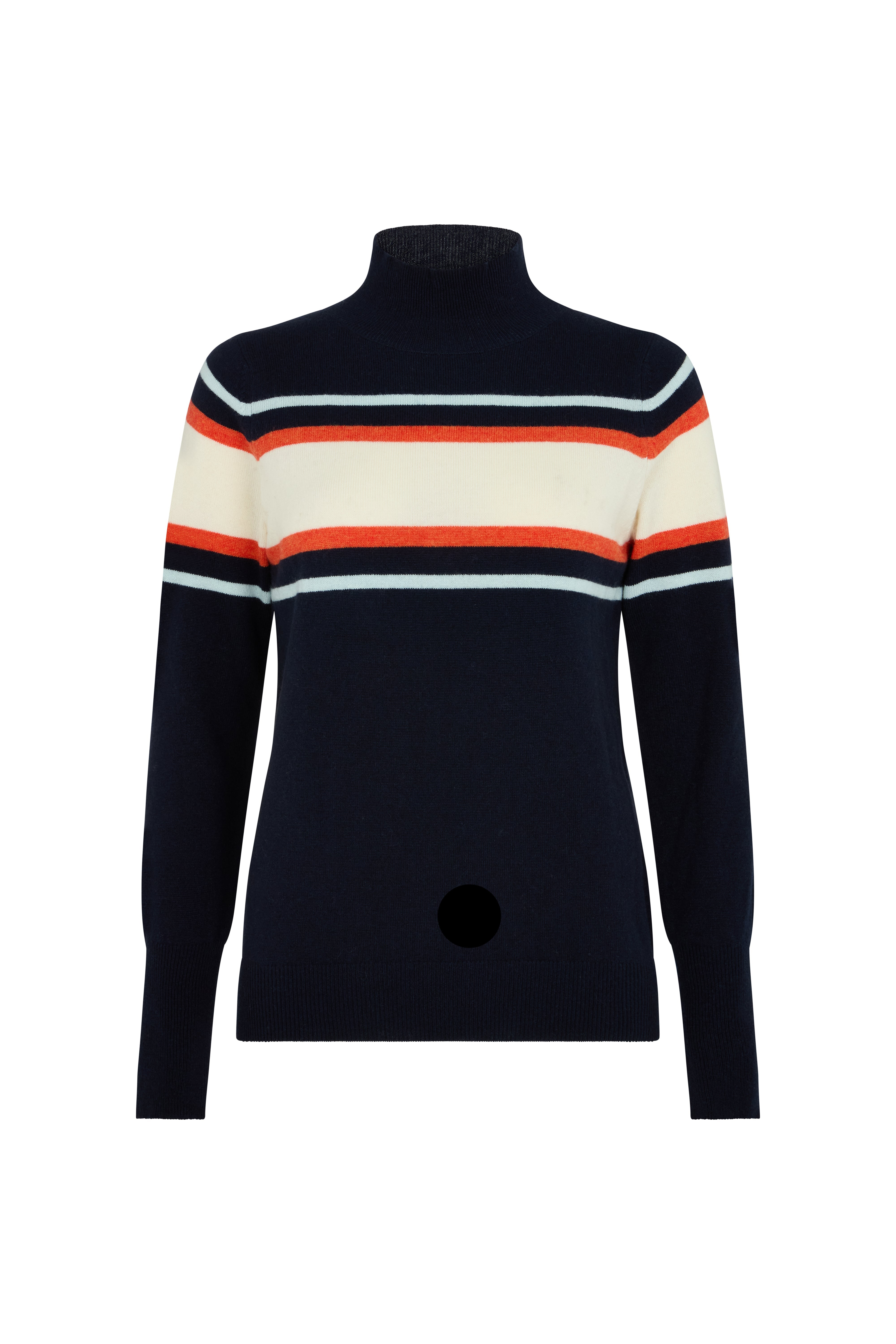 Mirla Beane Women's Blue Cashmere Mix Navy, Orange & Cream Stripe High Neck Jumper