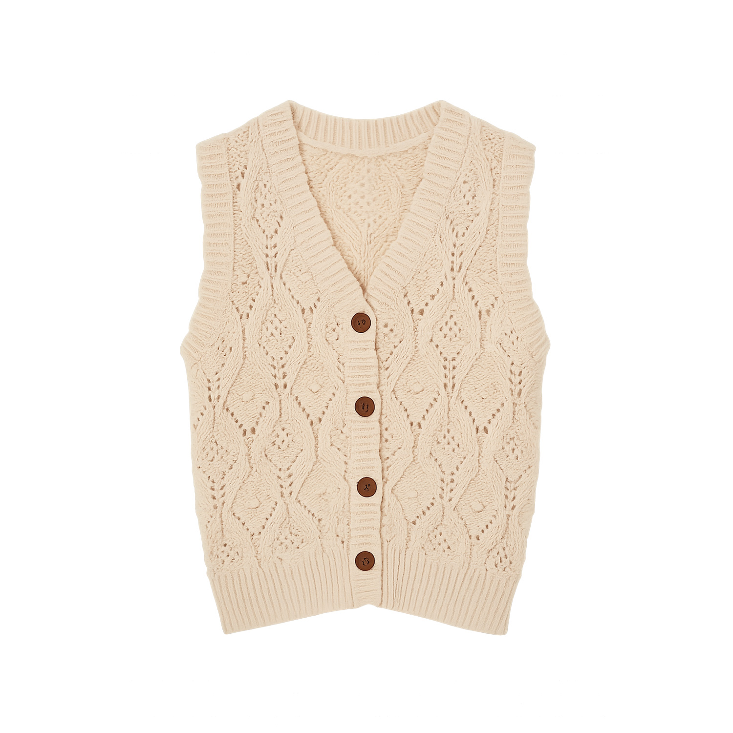 Yumi Women's Neutrals  Oatmeal Button Up Chunky Cable Knit Waistcoat