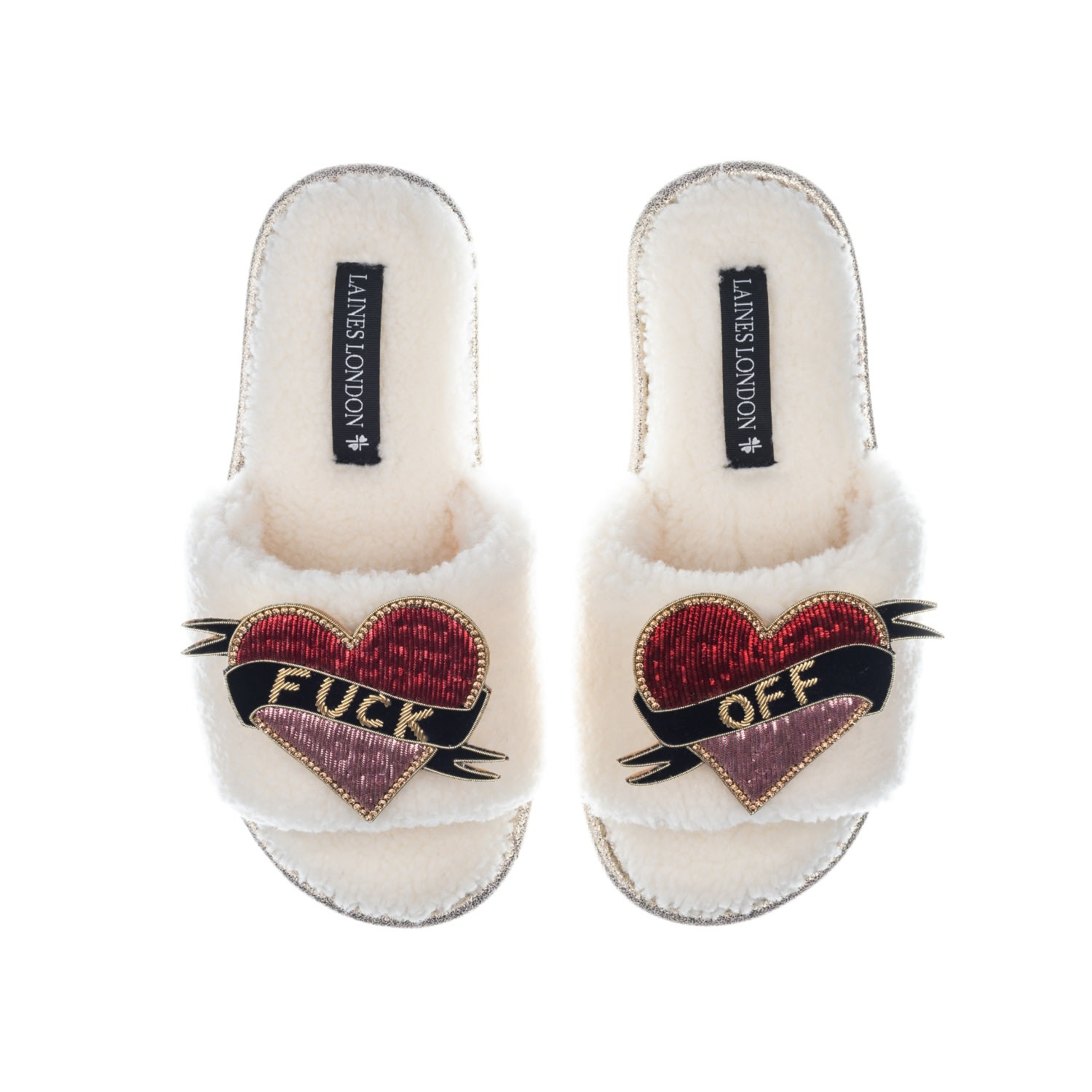 Laines London Women's White Teddy Toweling Slipper Sliders With Fuck Off Brooches - Cream In White