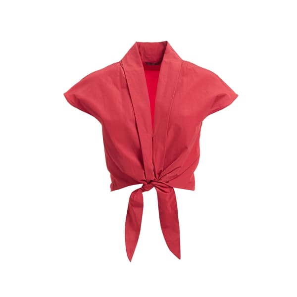 Wtr  Red Paper Touch Tie Front Crop Top