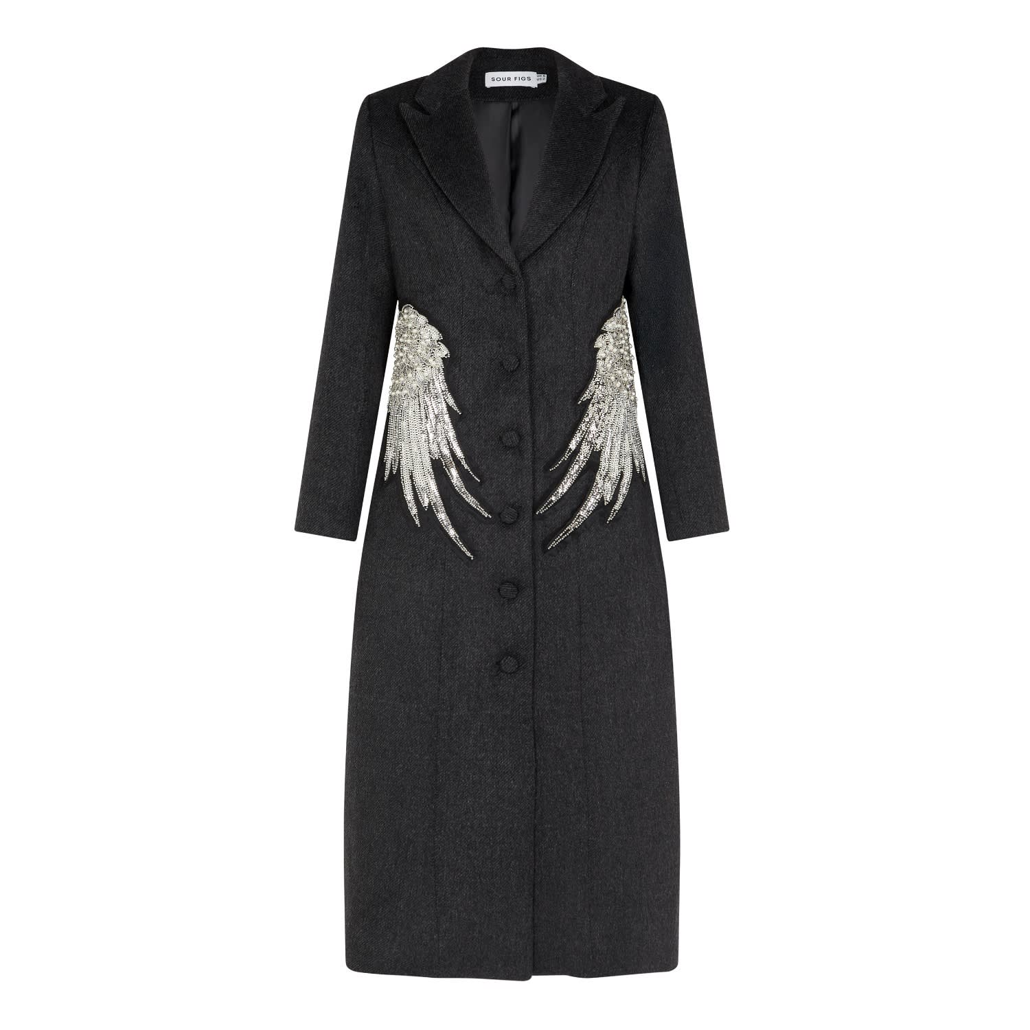 Sour Figs Women's Embellished Wing Detail Wool Blend Coat In Charcoal Grey In Grey