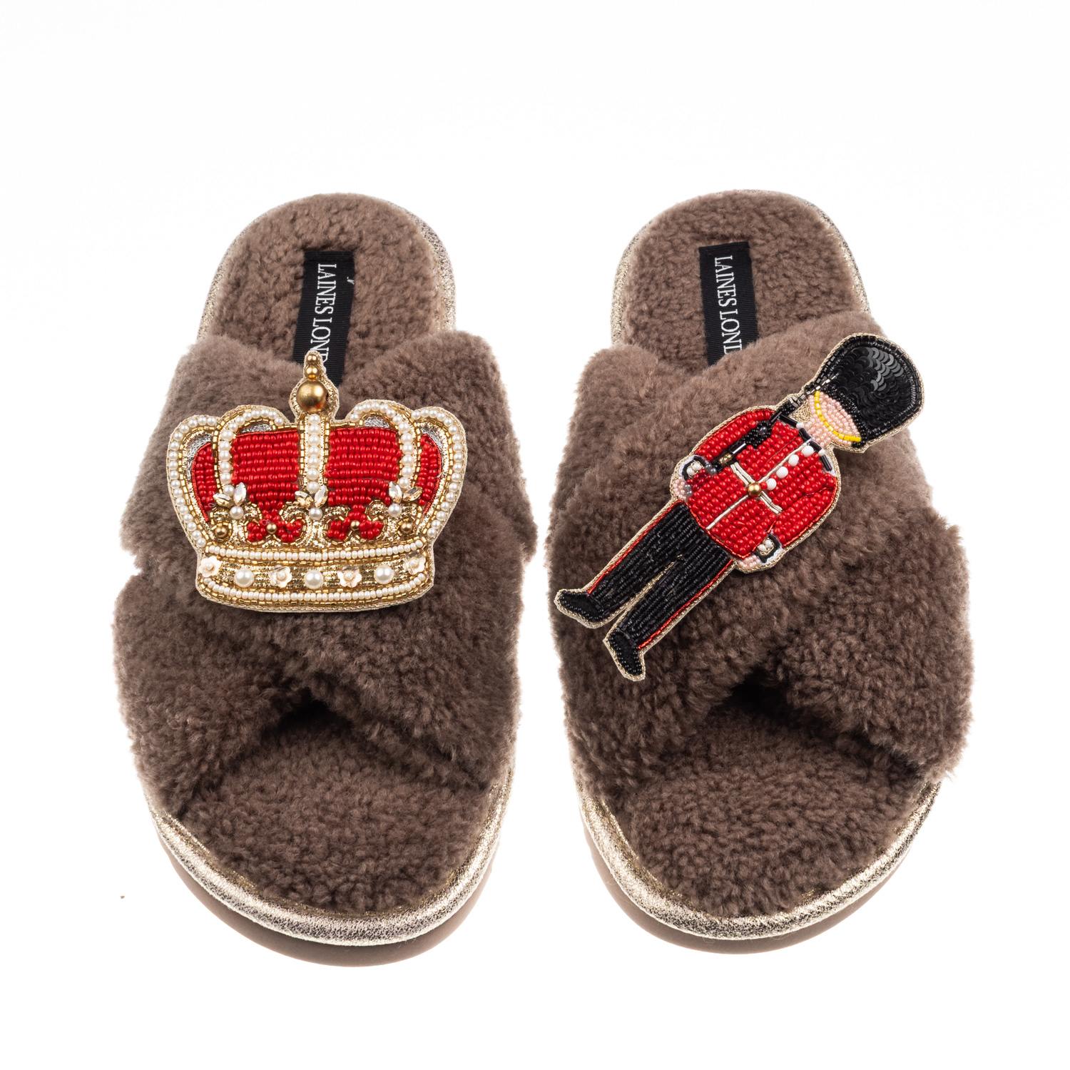 Laines London Women's Brown / Neutrals Laines Neutral Boucle Slippers With Royal Crown & Grenadier Guard Brooches  In Brown