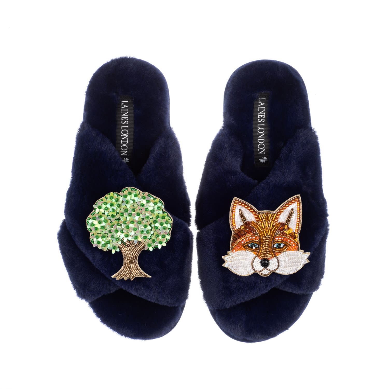 Laines London Women's Blue Classic Laines Slippers With Oak Tree & Fox Brooches - Navy In Blue